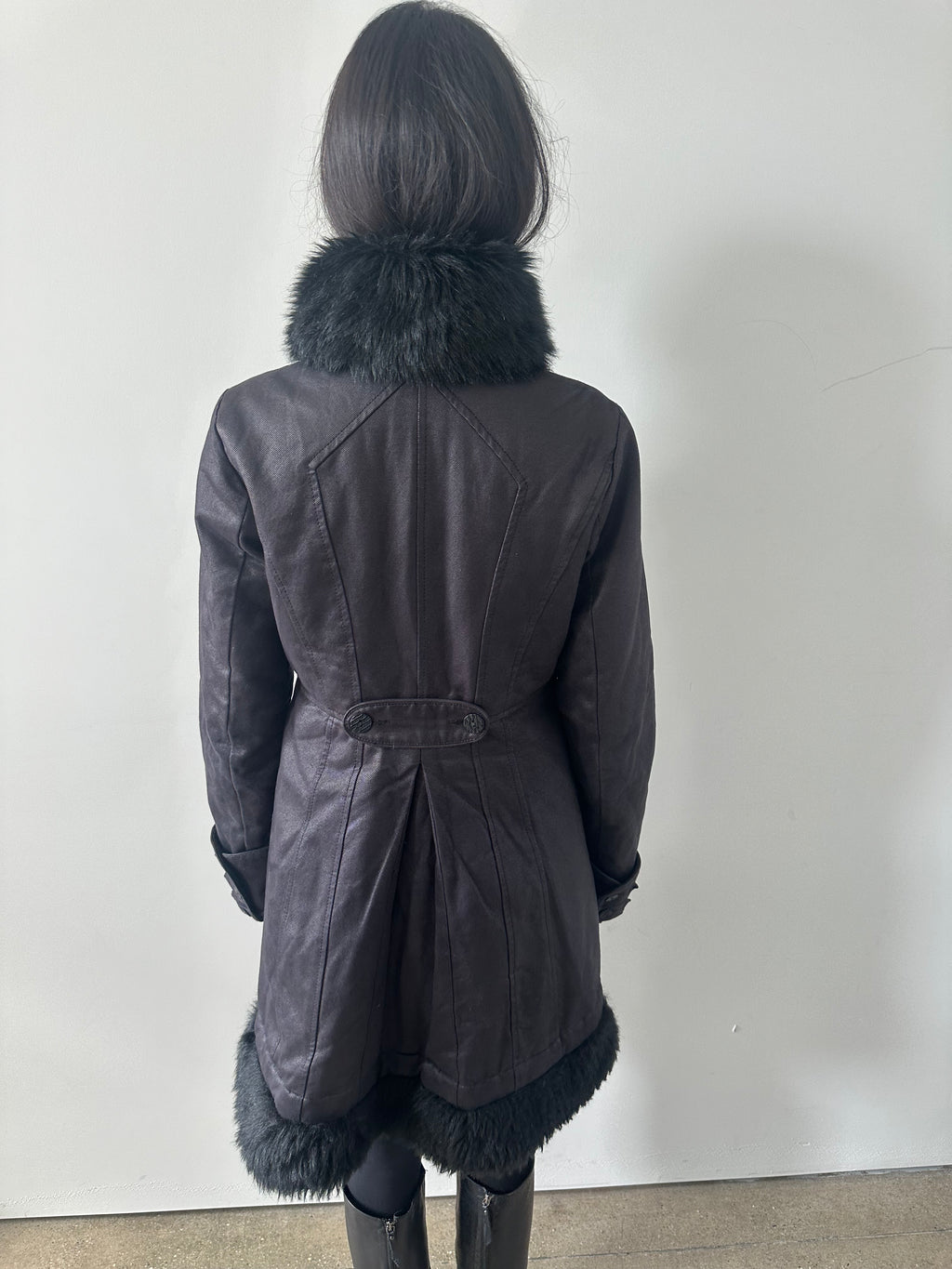 french brand napoleon midi coat with faux fur collar