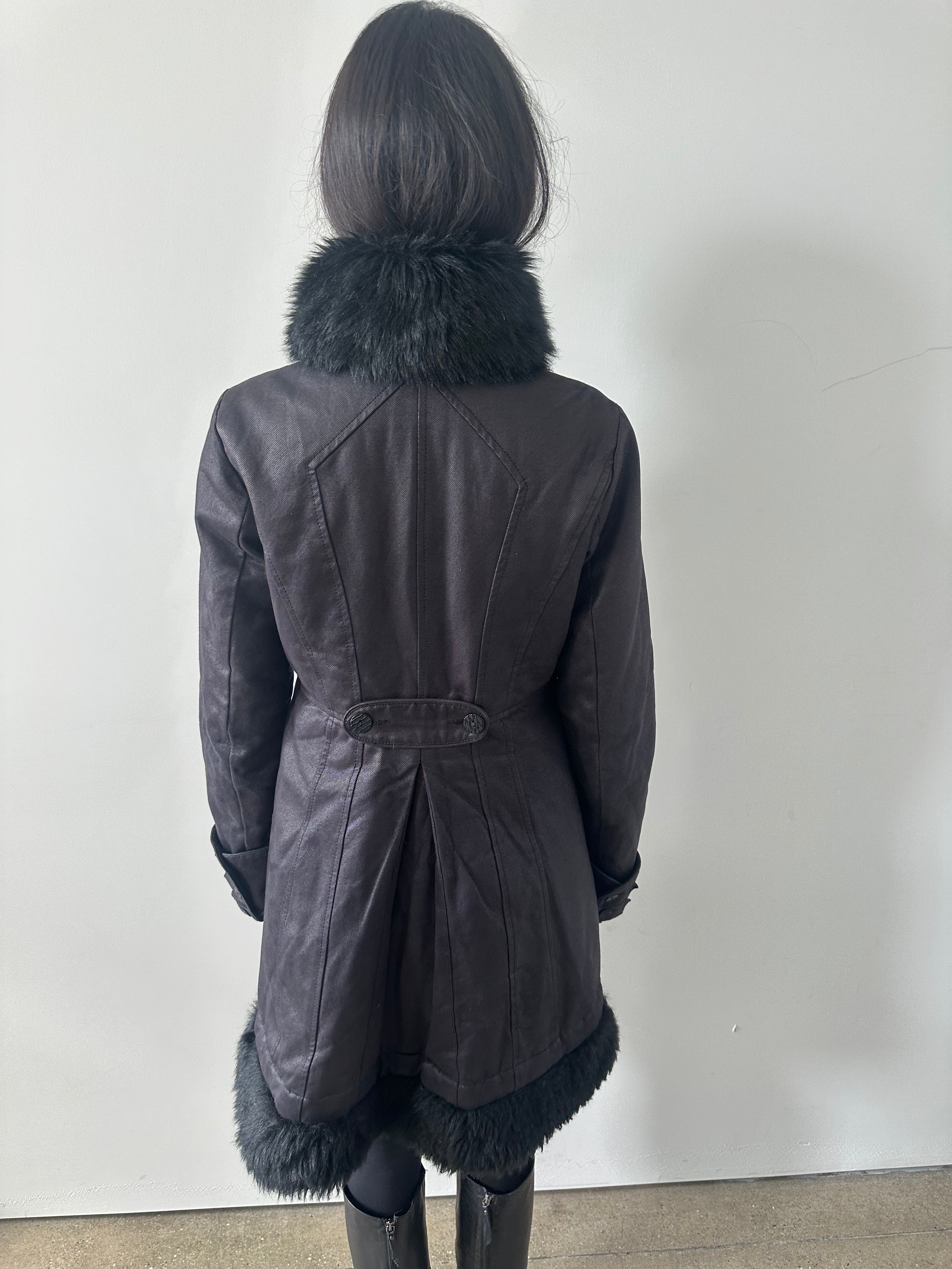 french brand napoleon midi coat with faux fur collar