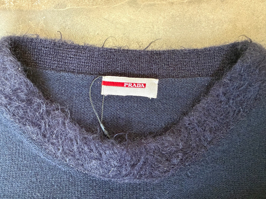 navy Prada top with mohair trimming