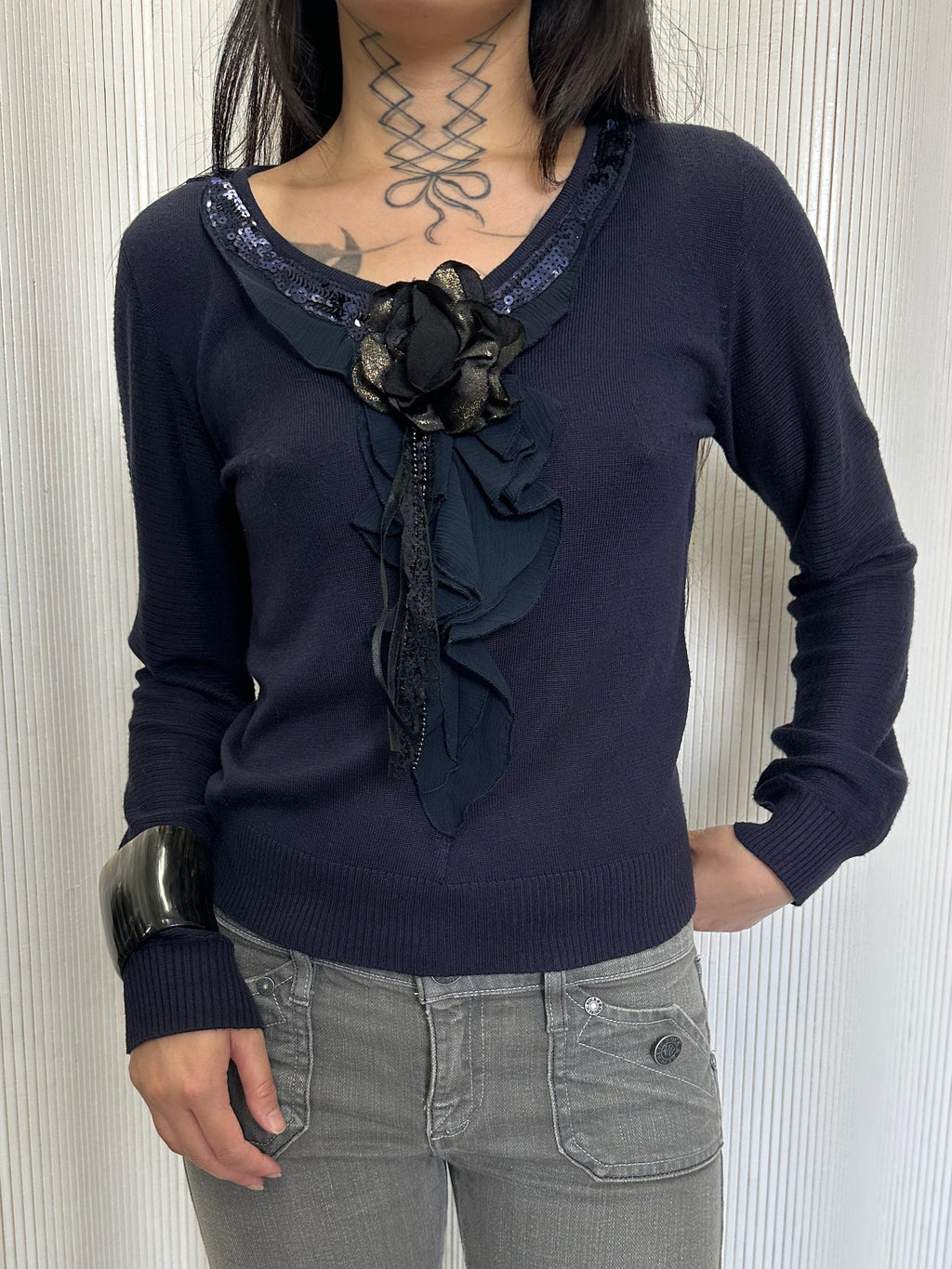 vintage french sweater with floral appliqué