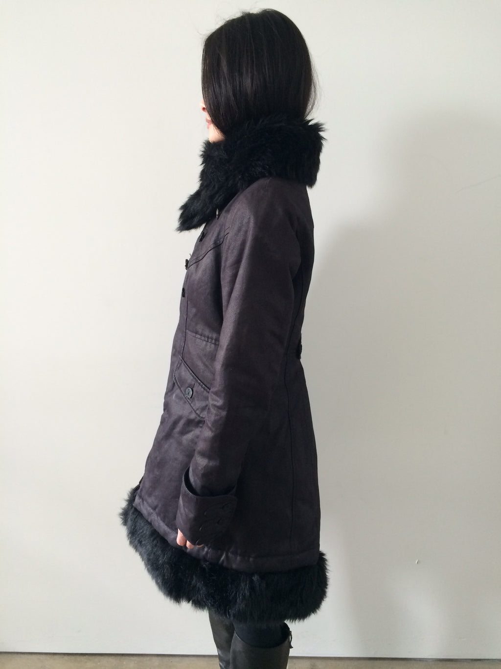french brand napoleon midi coat with faux fur collar
