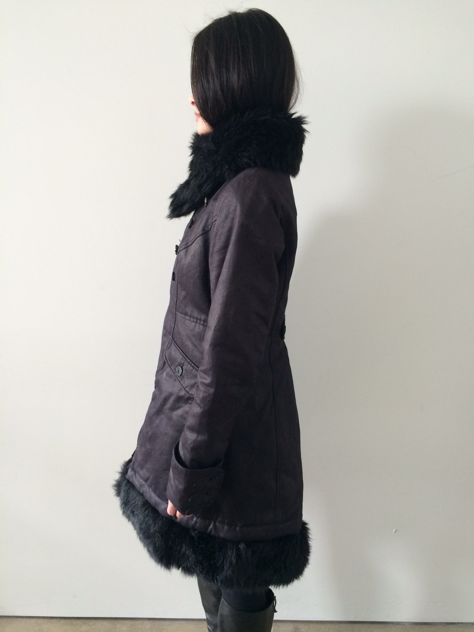 french brand napoleon midi coat with faux fur collar