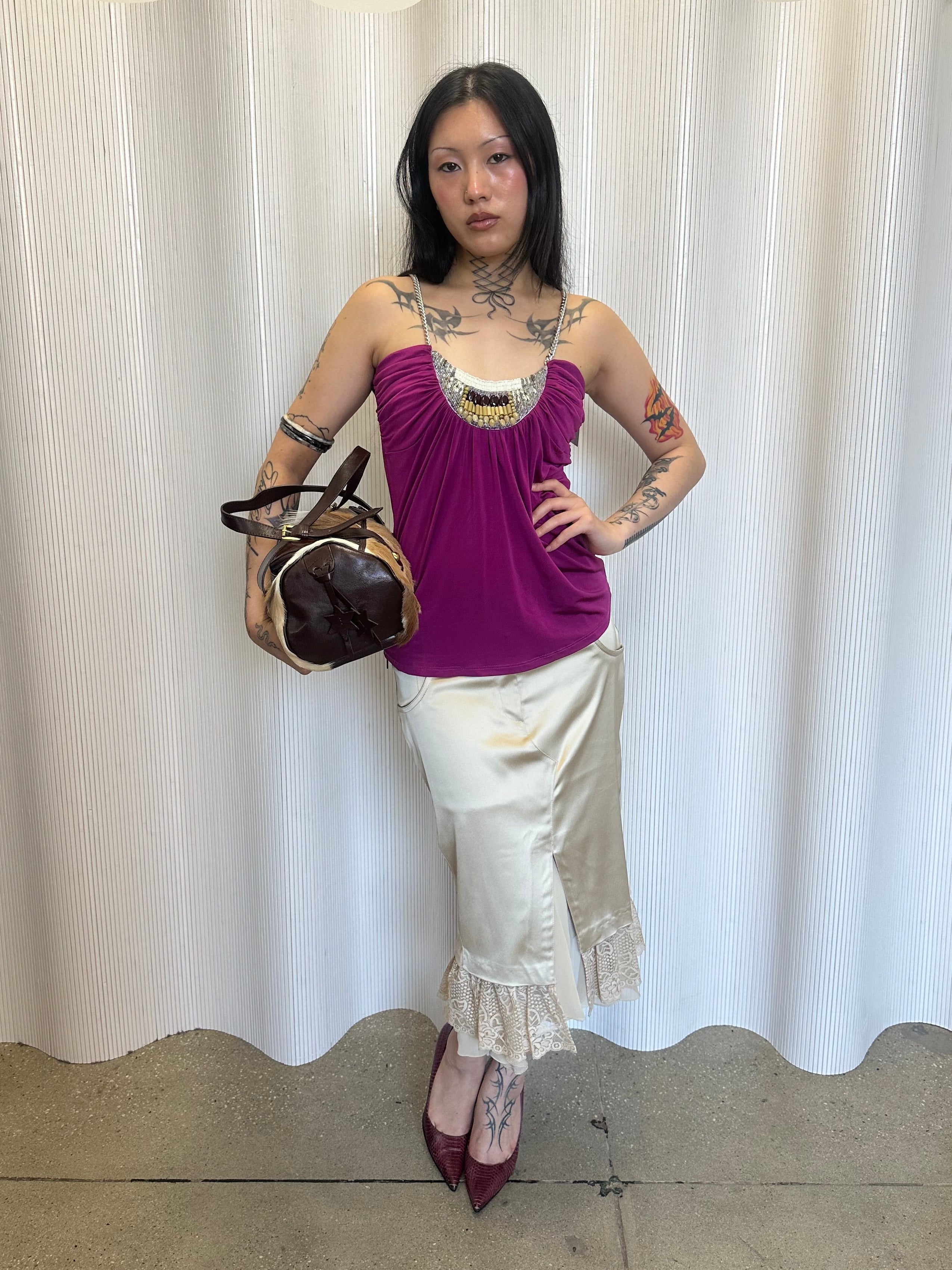 satin midi skirt with lace ruffle made in italy