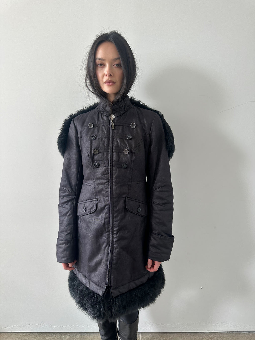 french brand napoleon midi coat with faux fur collar