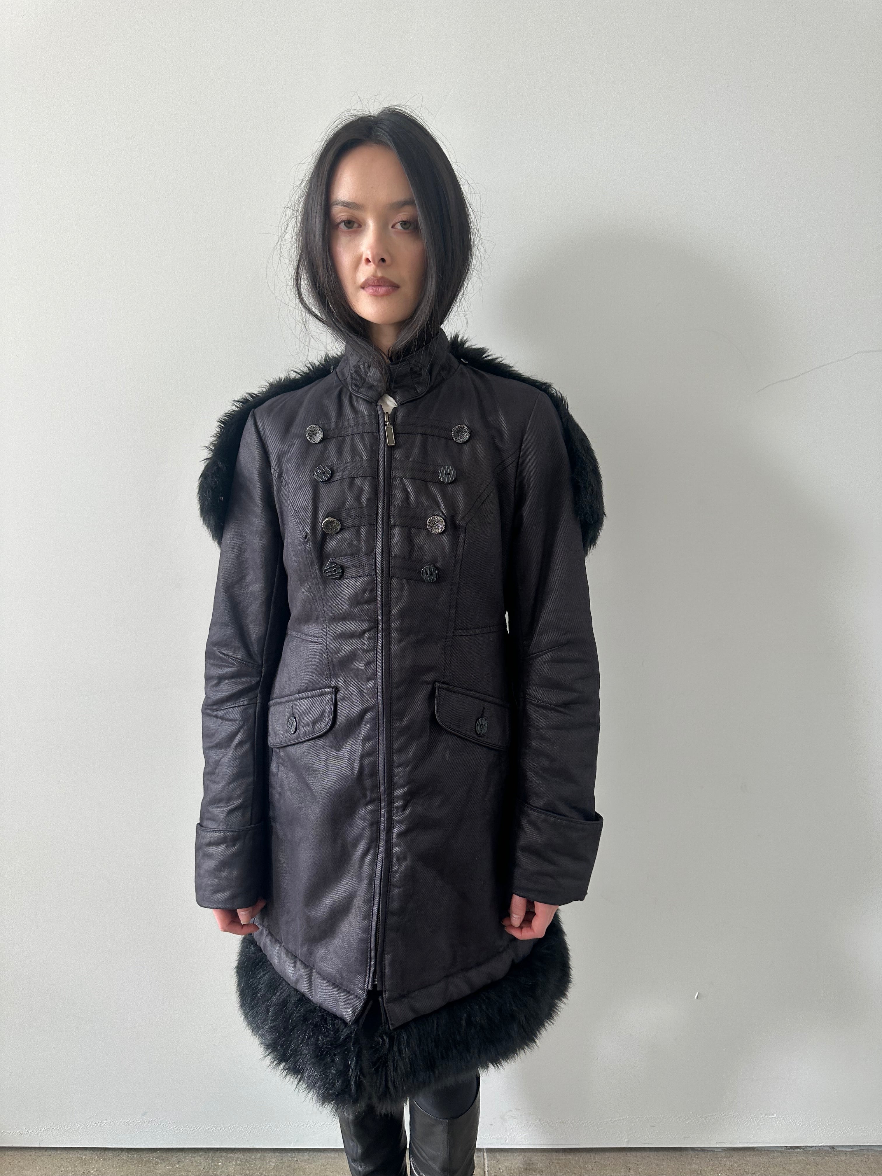 french brand napoleon midi coat with faux fur collar