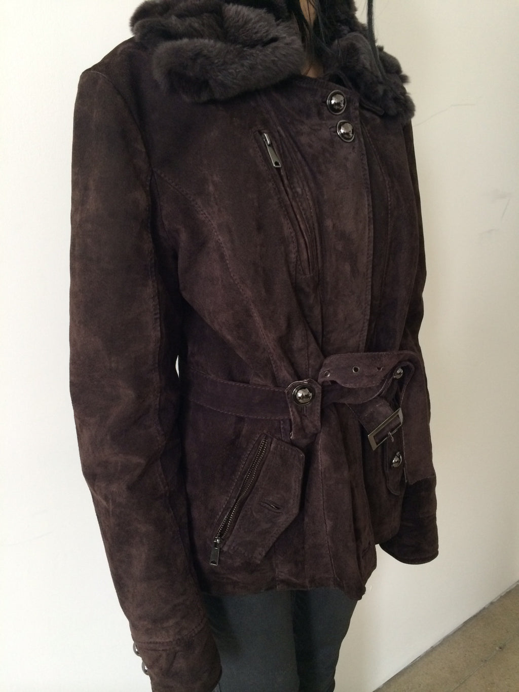 suede jacket with rabbit fur collar size m/l