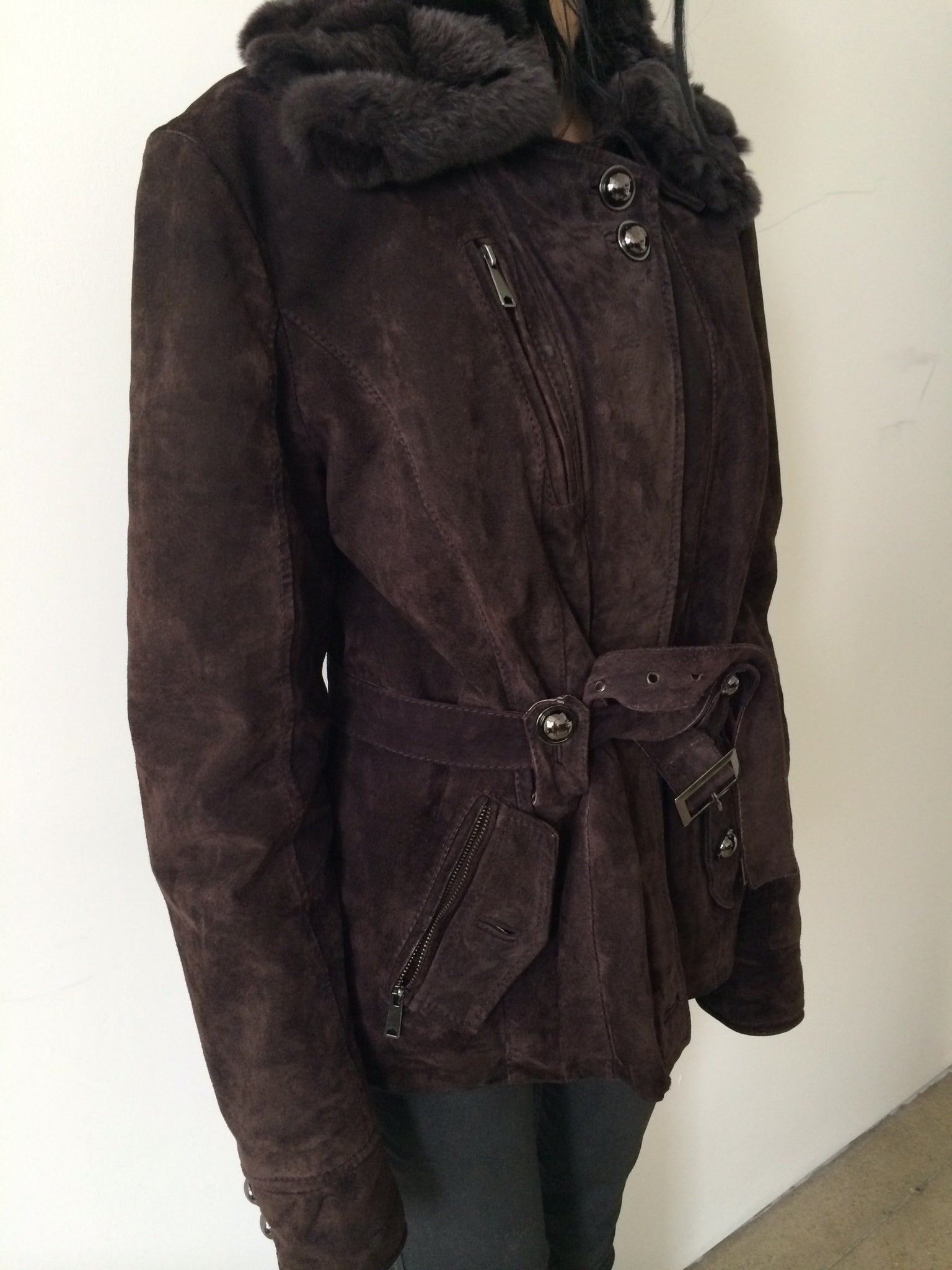 suede jacket with rabbit fur collar size m/l
