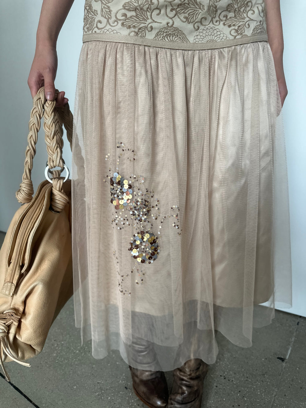 vintage silk + tulle midi skirt with sequin detail