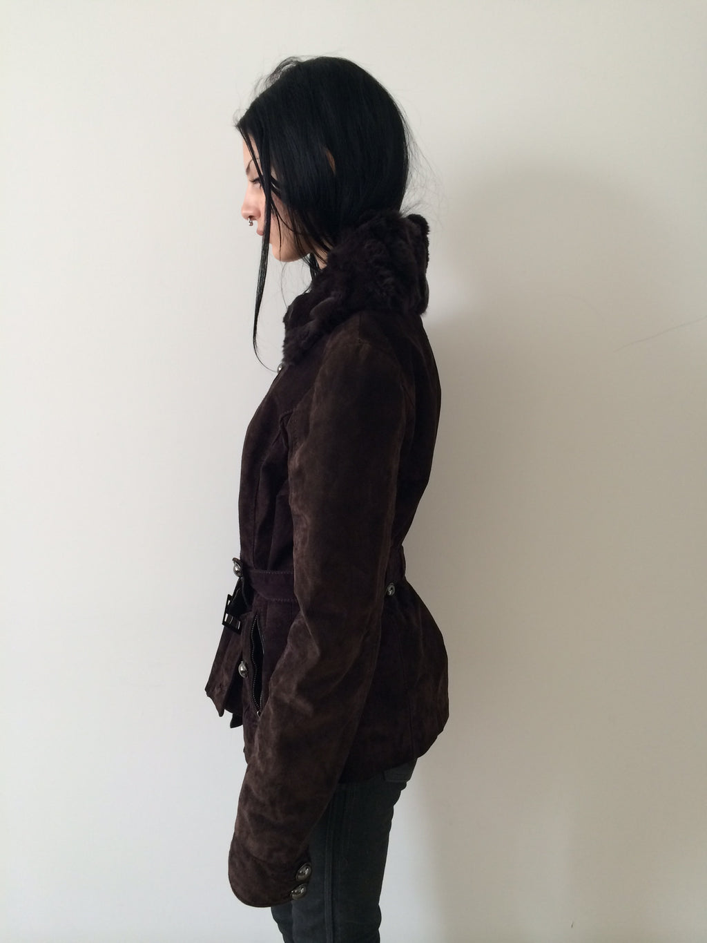 suede jacket with rabbit fur collar size m/l