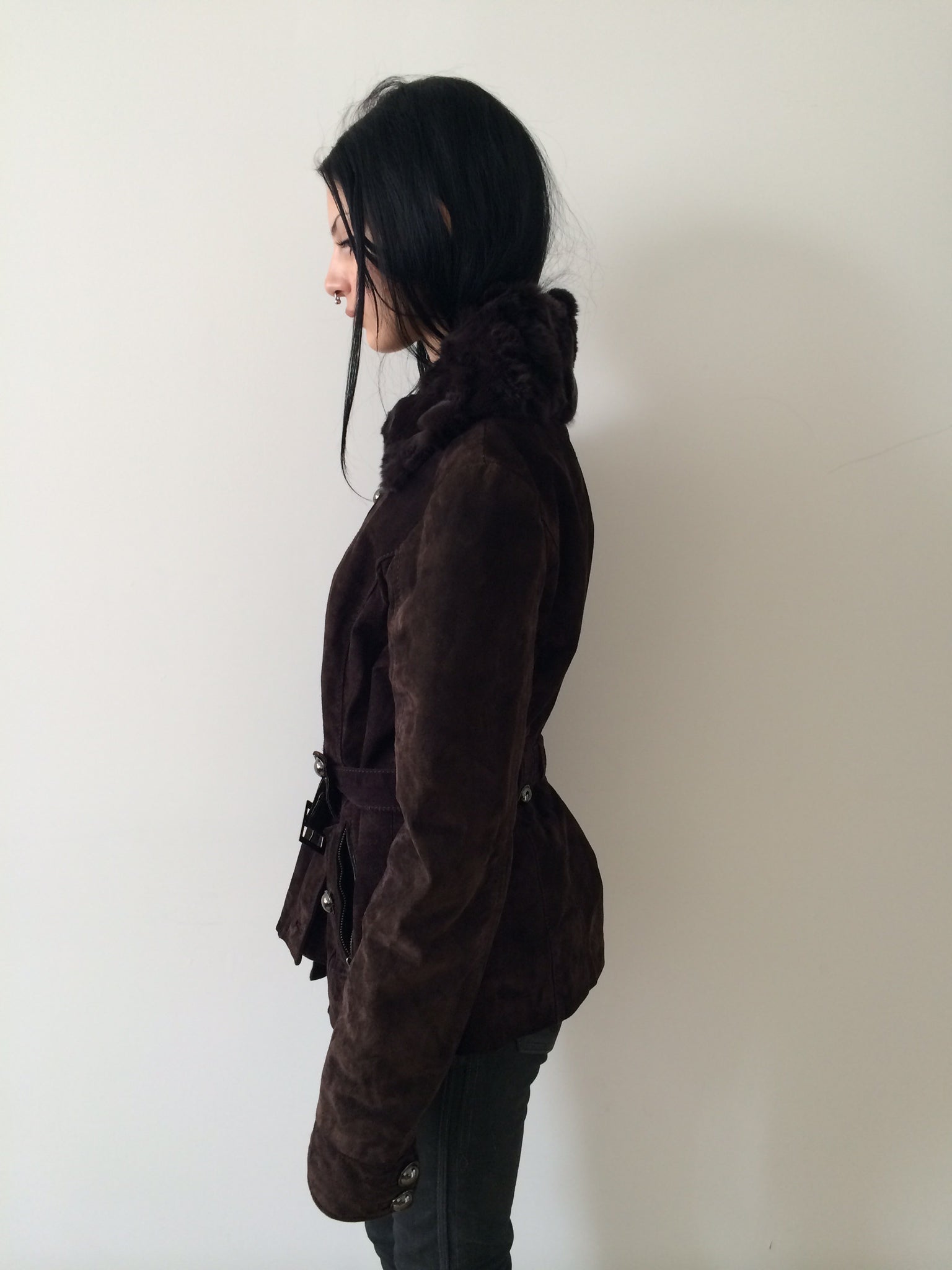 suede jacket with rabbit fur collar size m/l