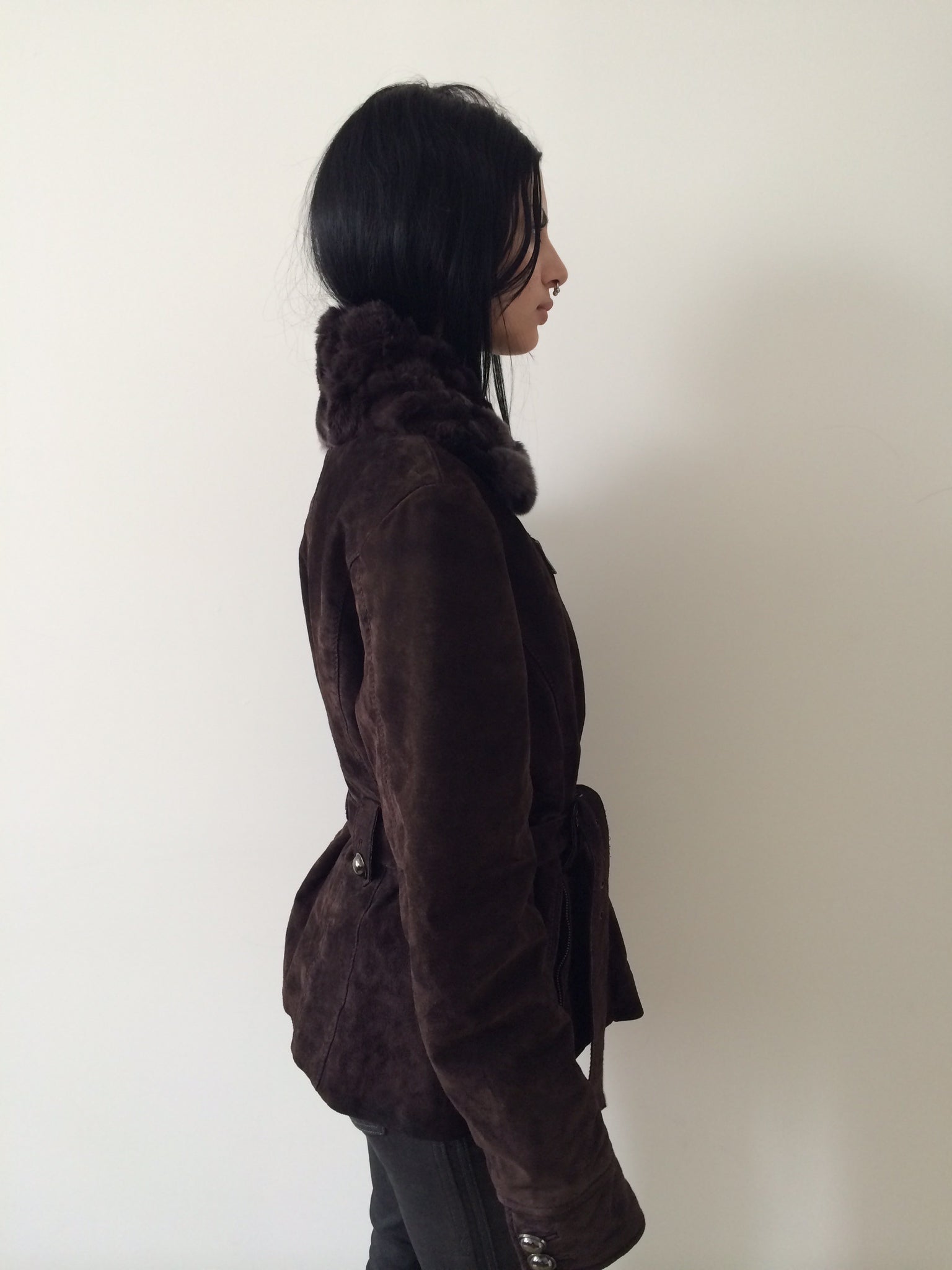 suede jacket with rabbit fur collar size m/l