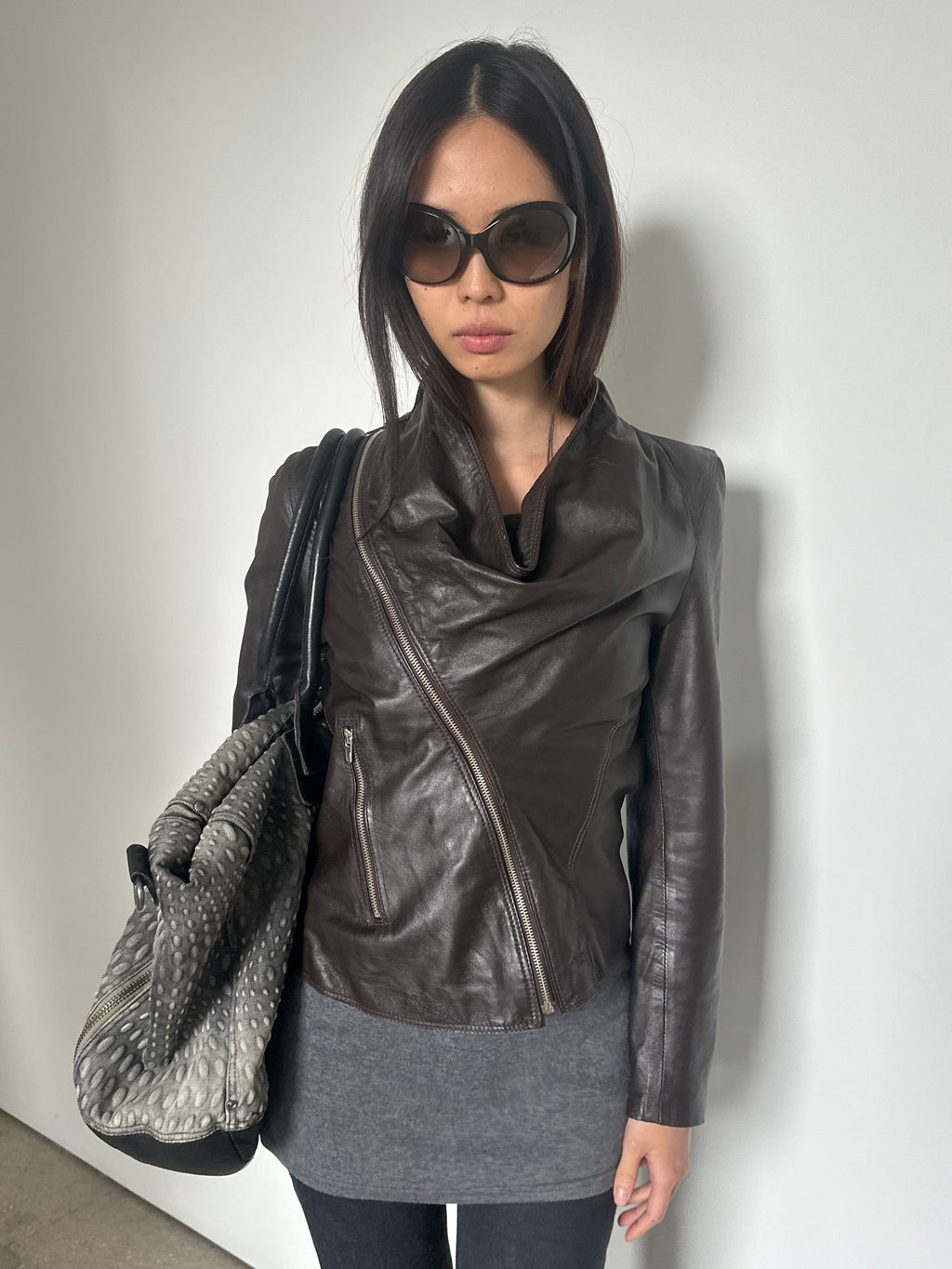 italian cowl neck leather jacket