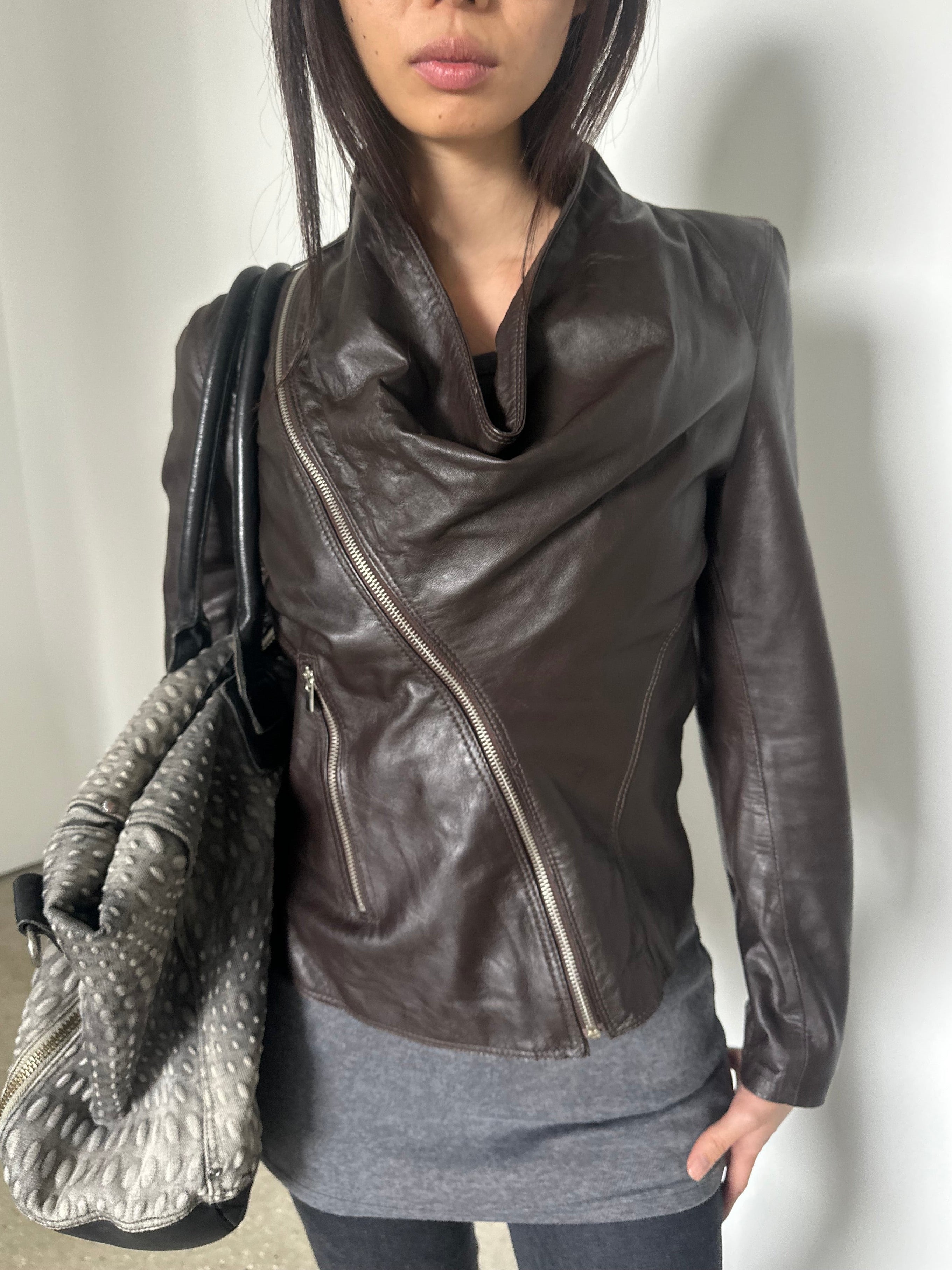 italian cowl neck leather jacket