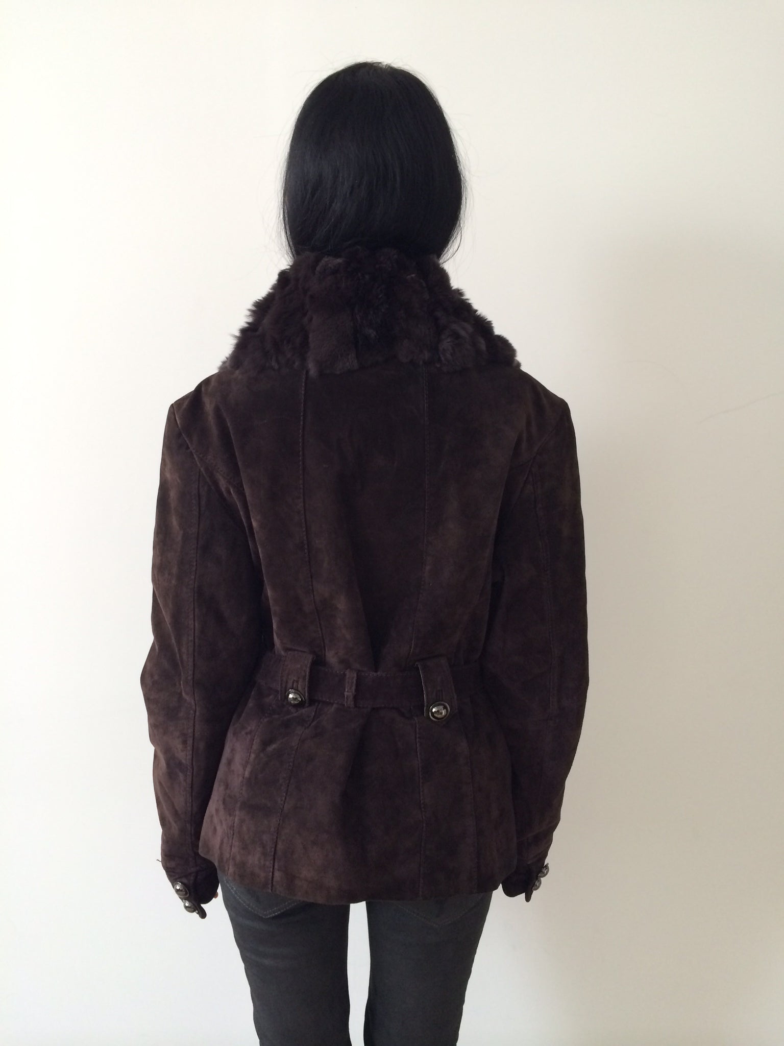 suede jacket with rabbit fur collar size m/l