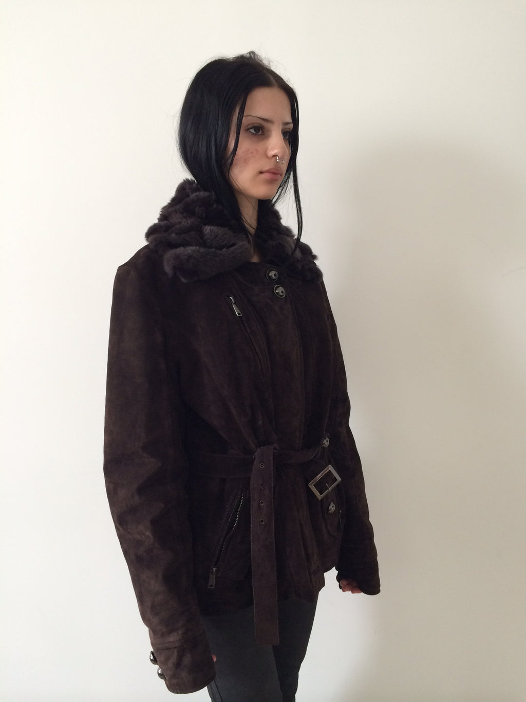suede jacket with rabbit fur collar size m/l