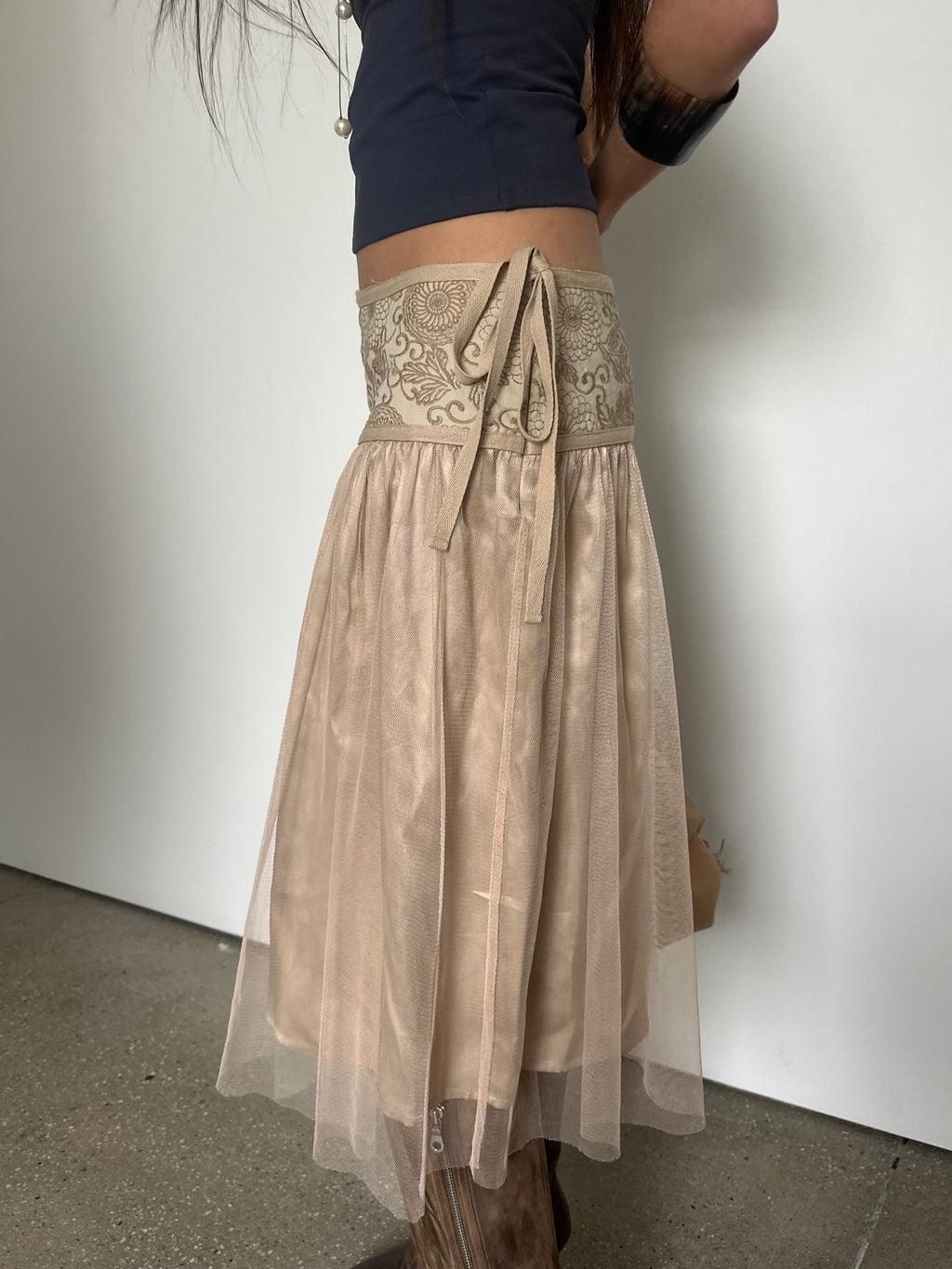 vintage silk + tulle midi skirt with sequin detail