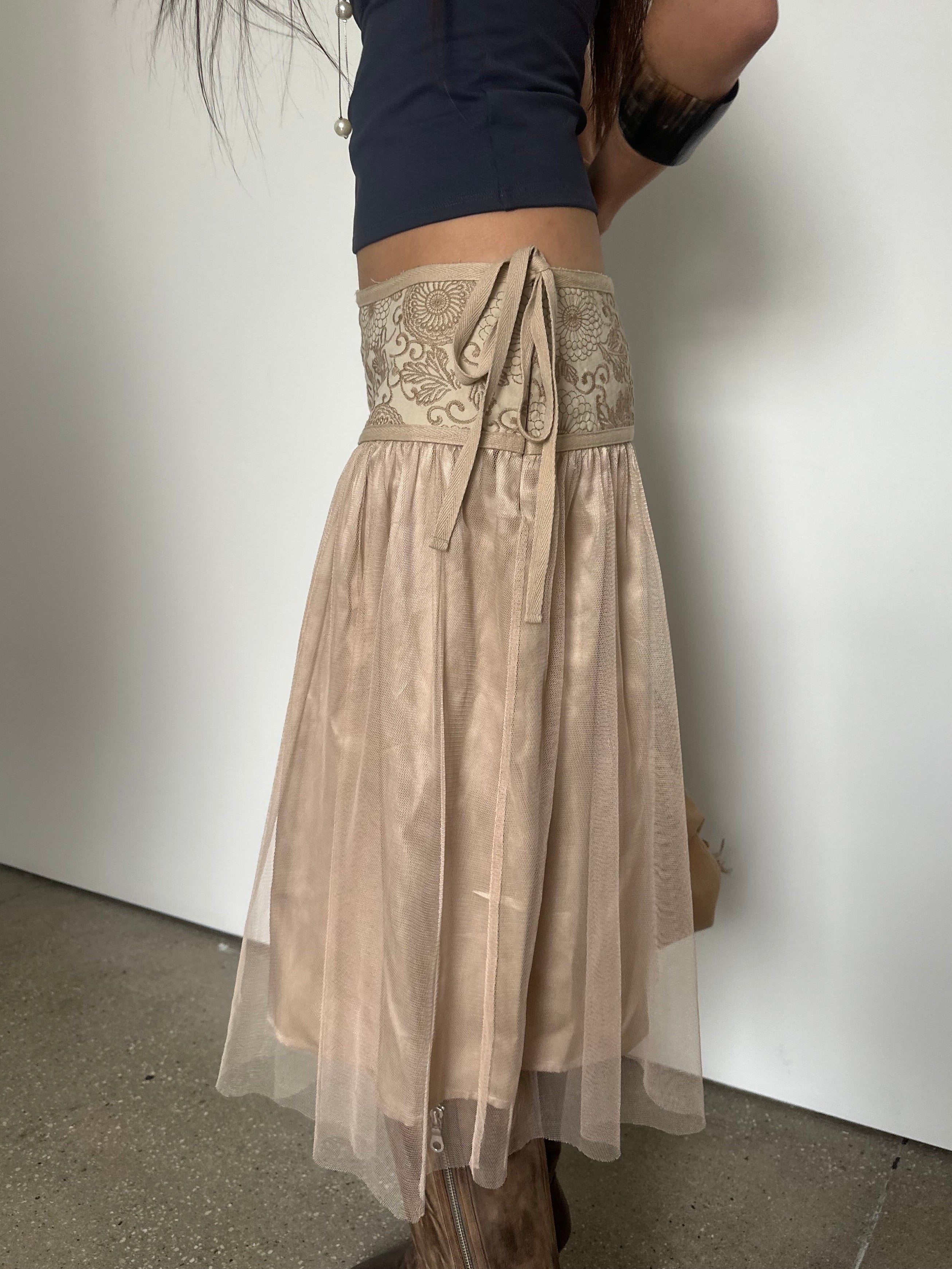 vintage silk + tulle midi skirt with sequin detail