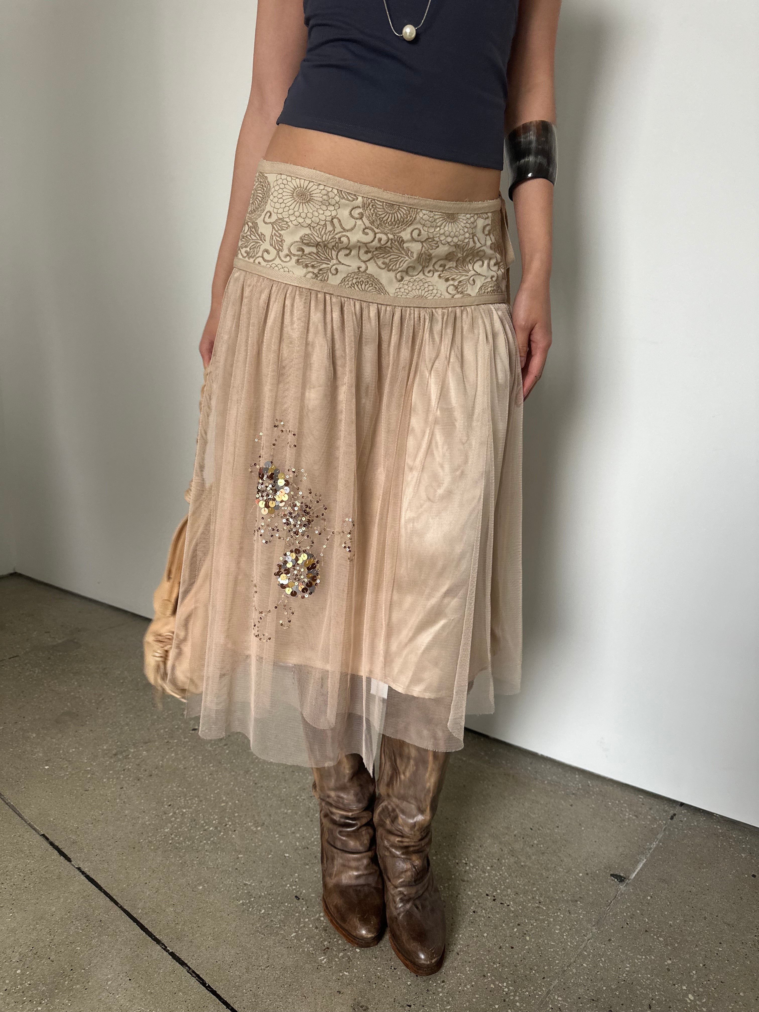 vintage silk + tulle midi skirt with sequin detail