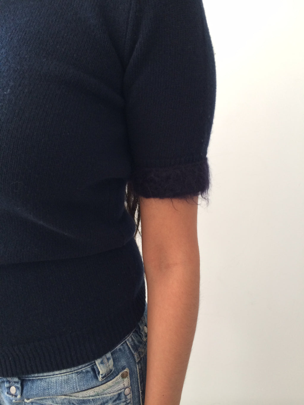 navy Prada top with mohair trimming