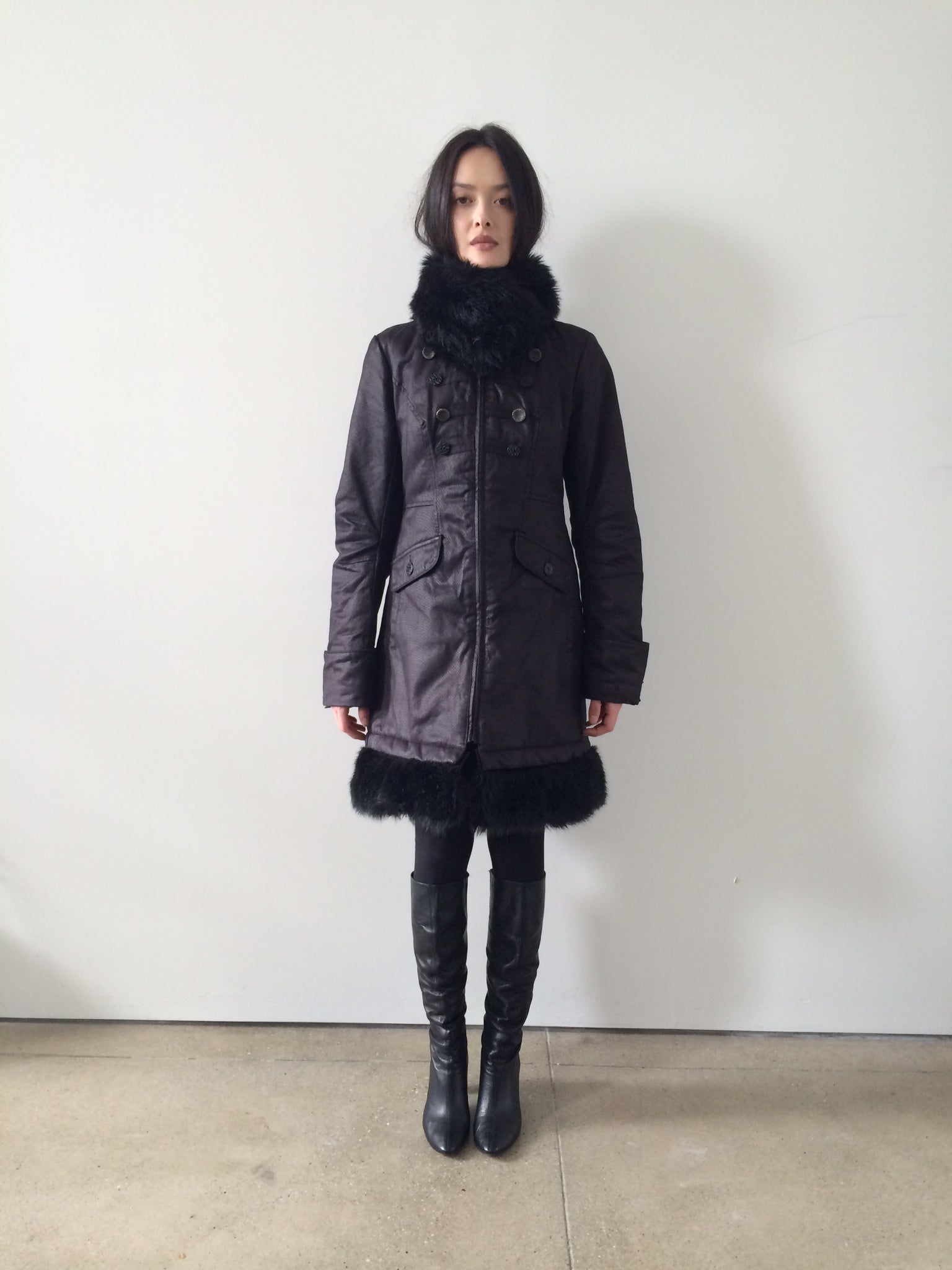 french brand napoleon midi coat with faux fur collar