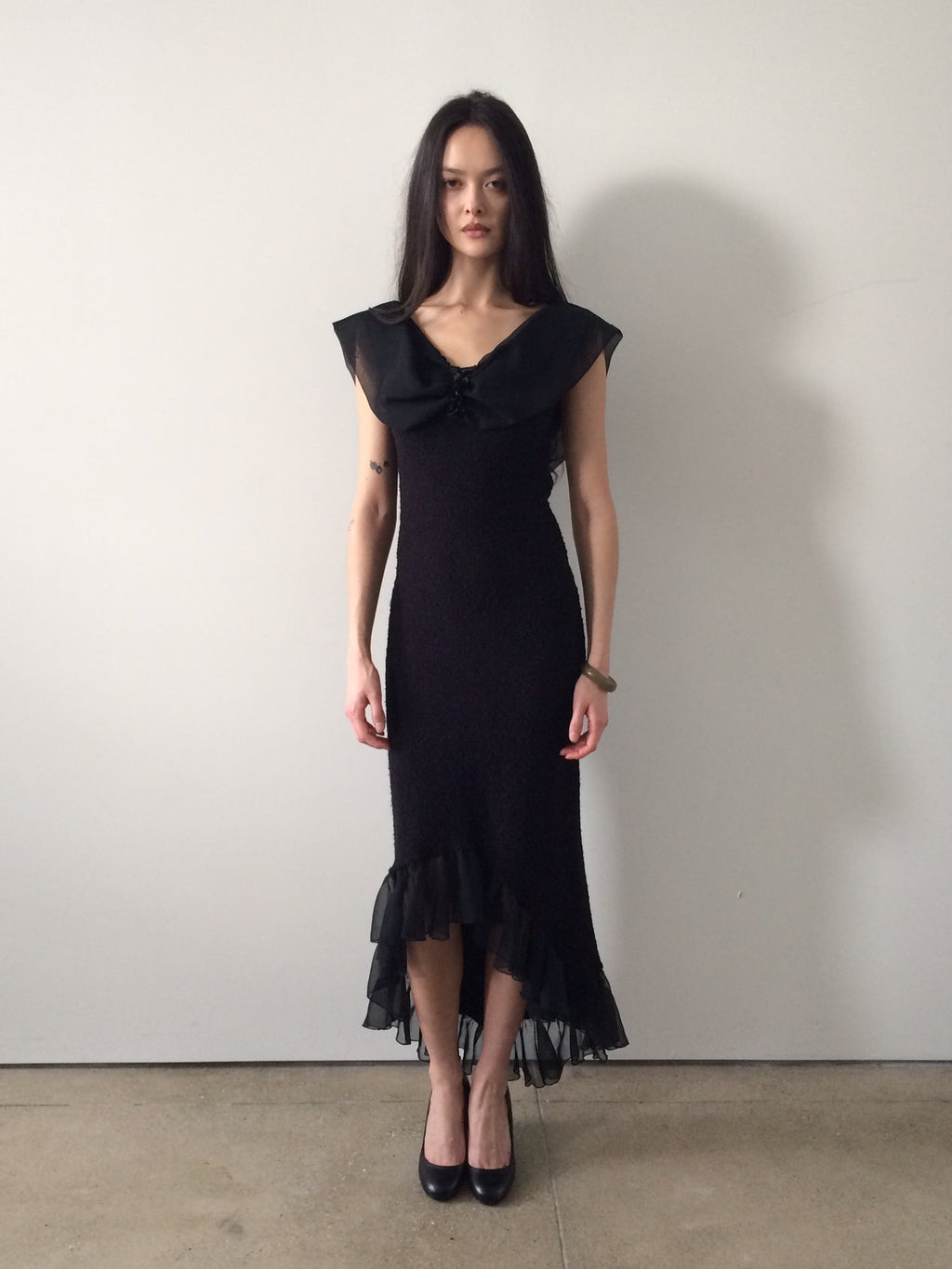 vintage off the shoulder backless dress made in france