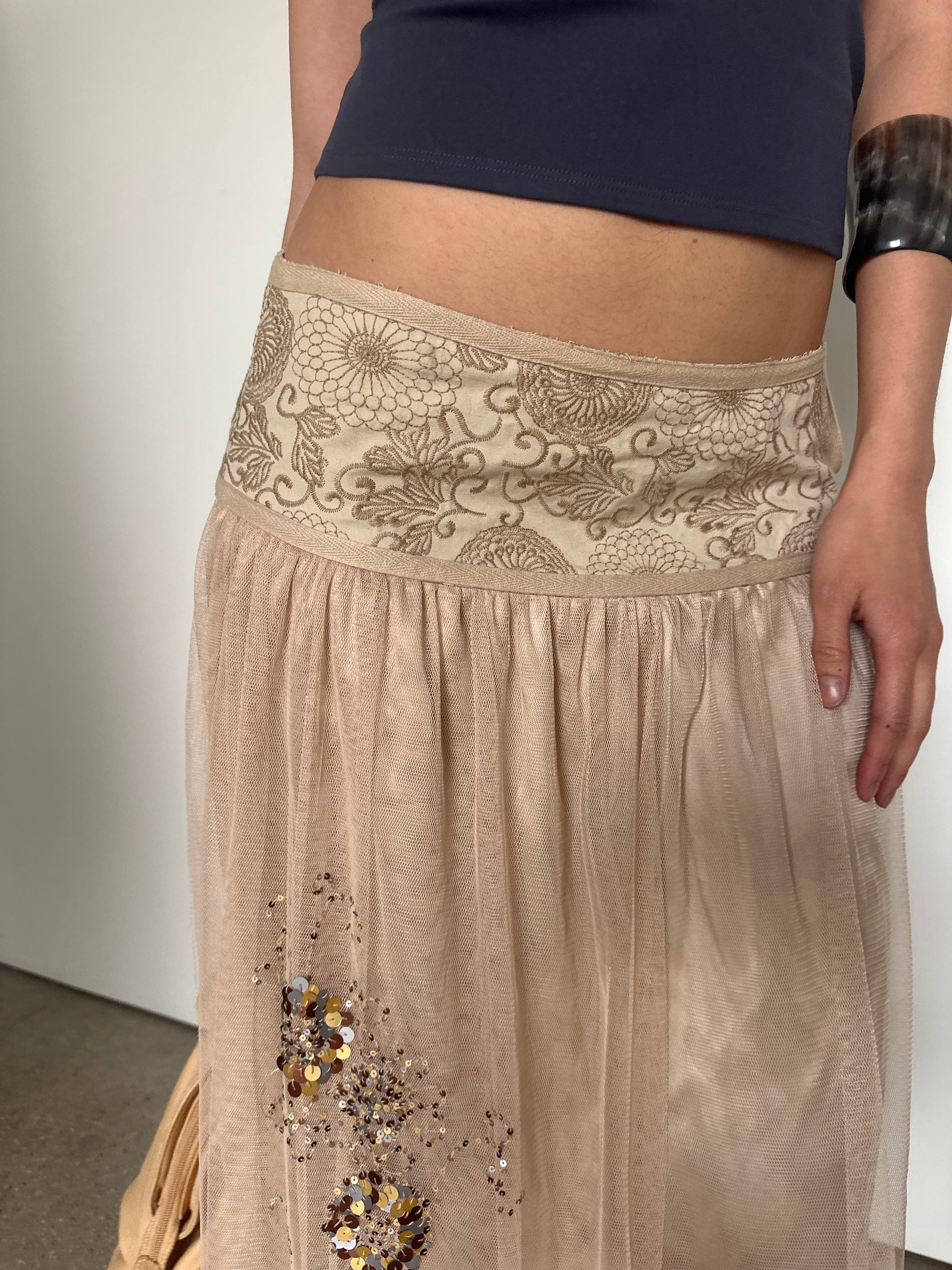 vintage silk + tulle midi skirt with sequin detail