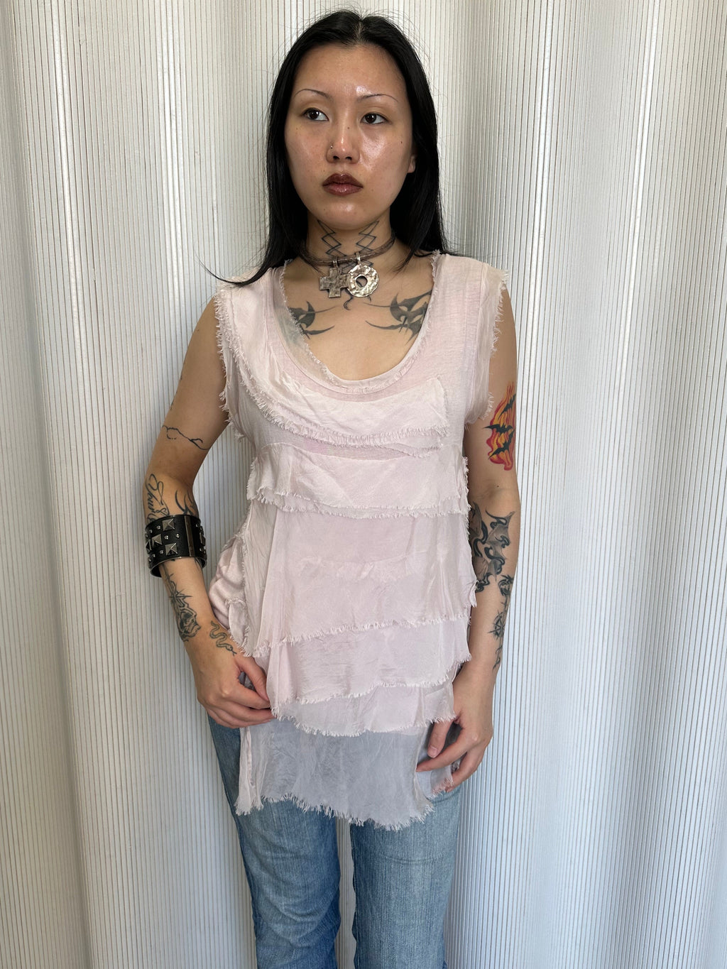 vintage pink italian tiered silk top made in italy