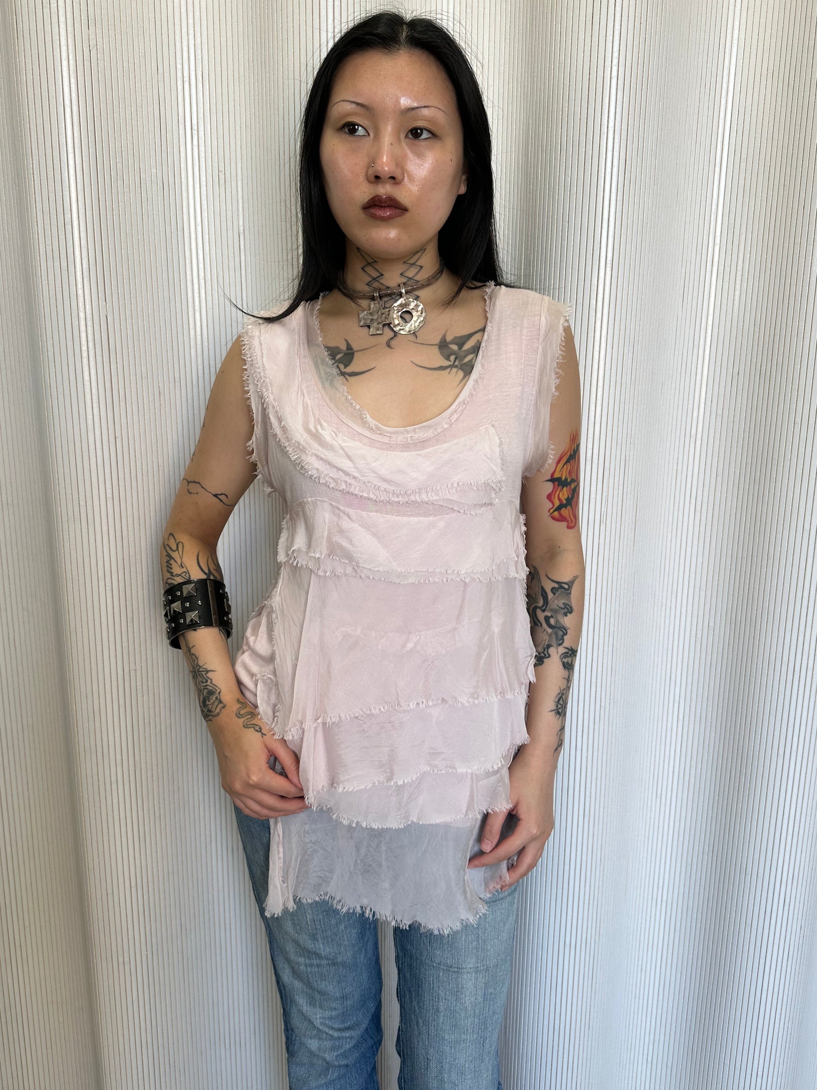 vintage pink italian tiered silk top made in italy