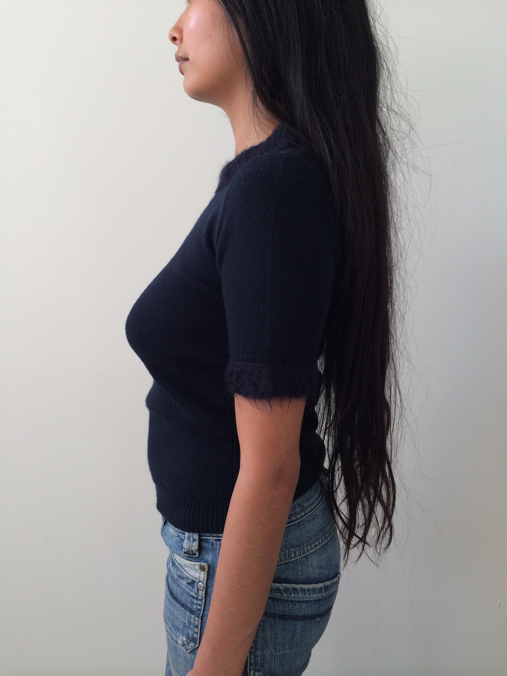 navy Prada top with mohair trimming