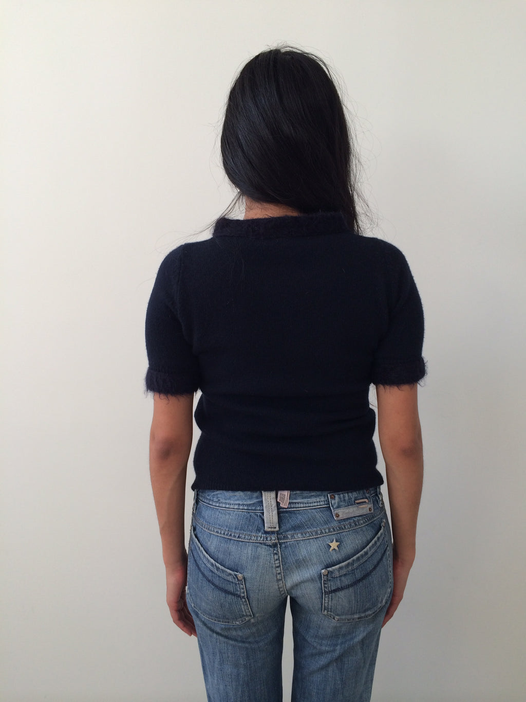 navy Prada top with mohair trimming
