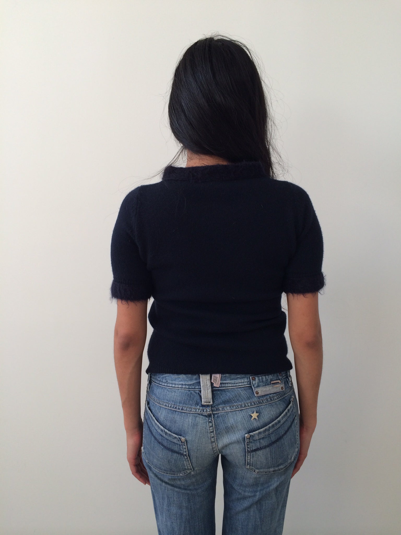 navy Prada top with mohair trimming