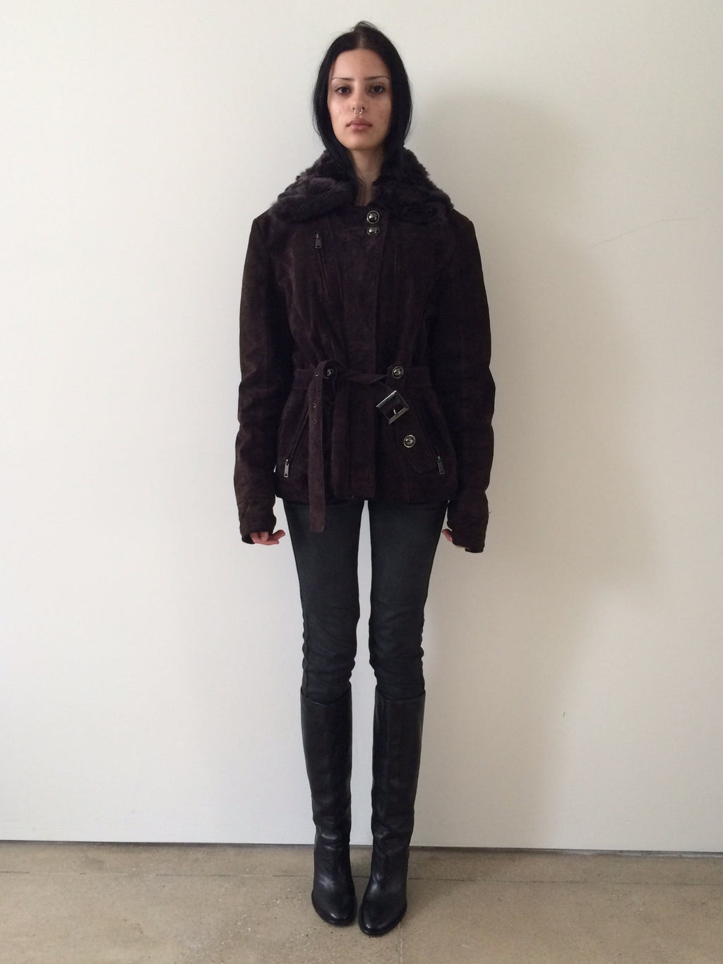 suede jacket with rabbit fur collar size m/l