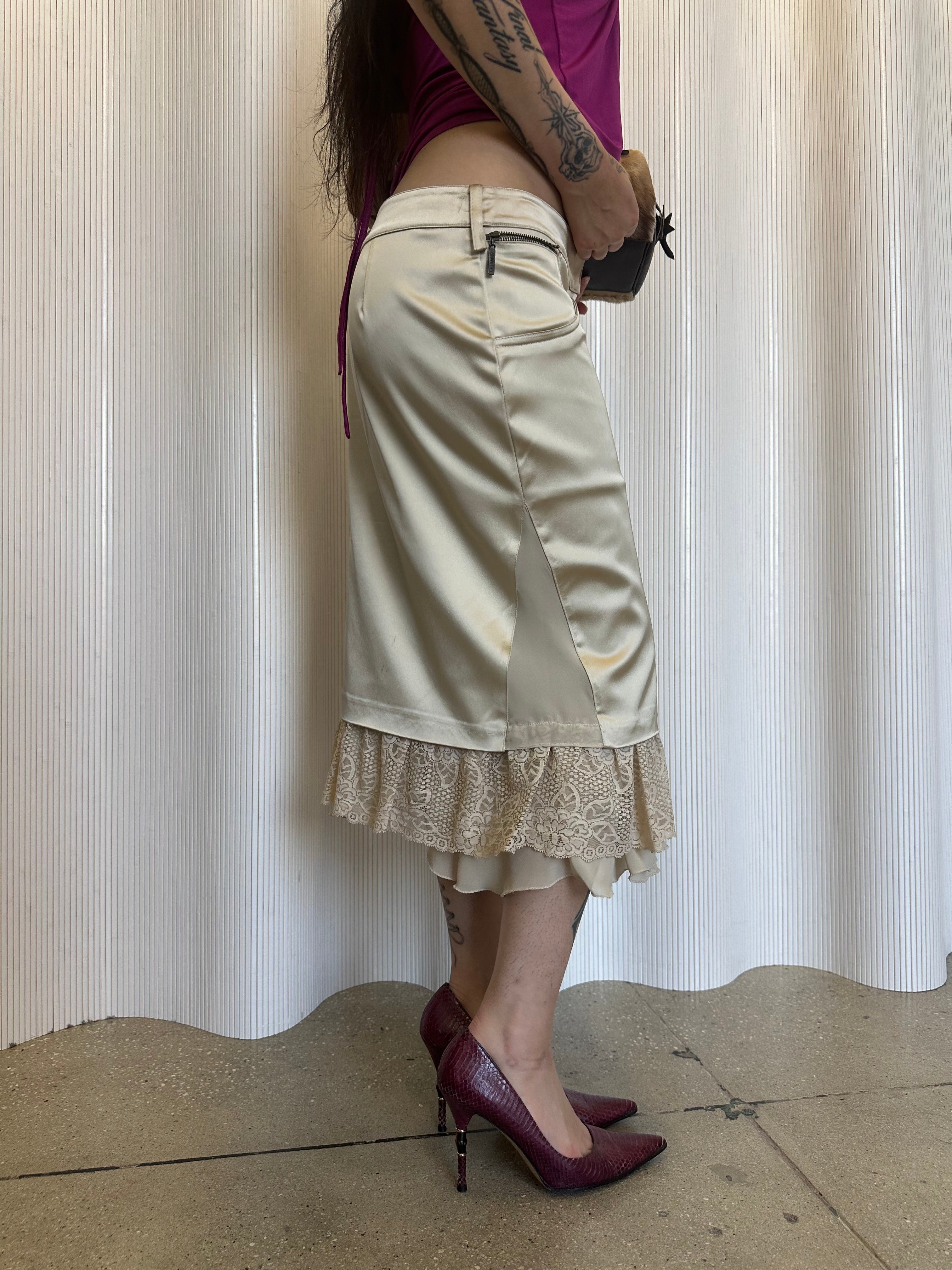 satin midi skirt with lace ruffle made in italy
