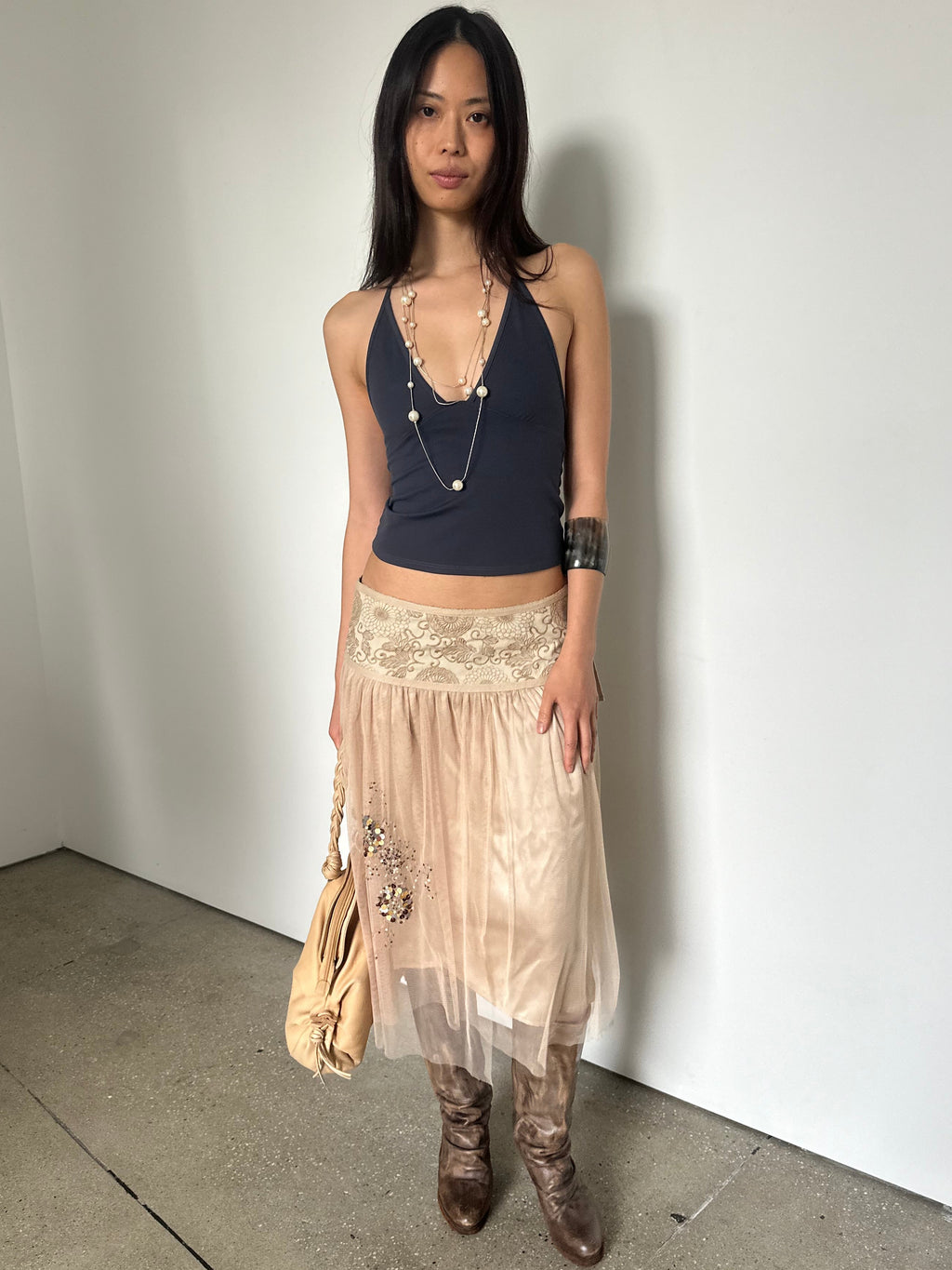 vintage silk + tulle midi skirt with sequin detail