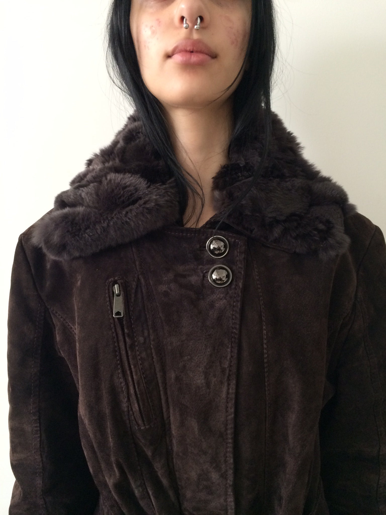 suede jacket with rabbit fur collar size m/l