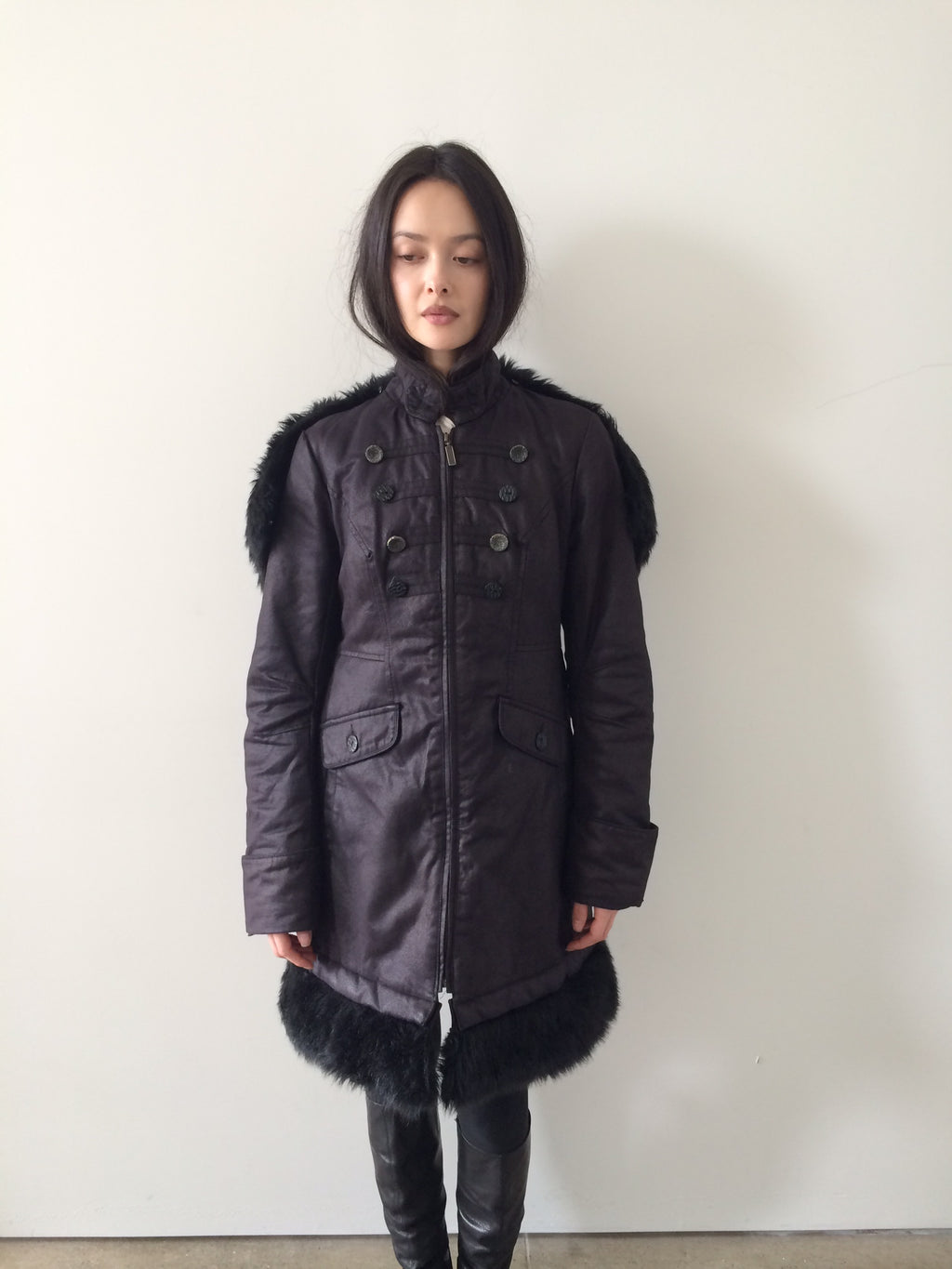 french brand napoleon midi coat with faux fur collar