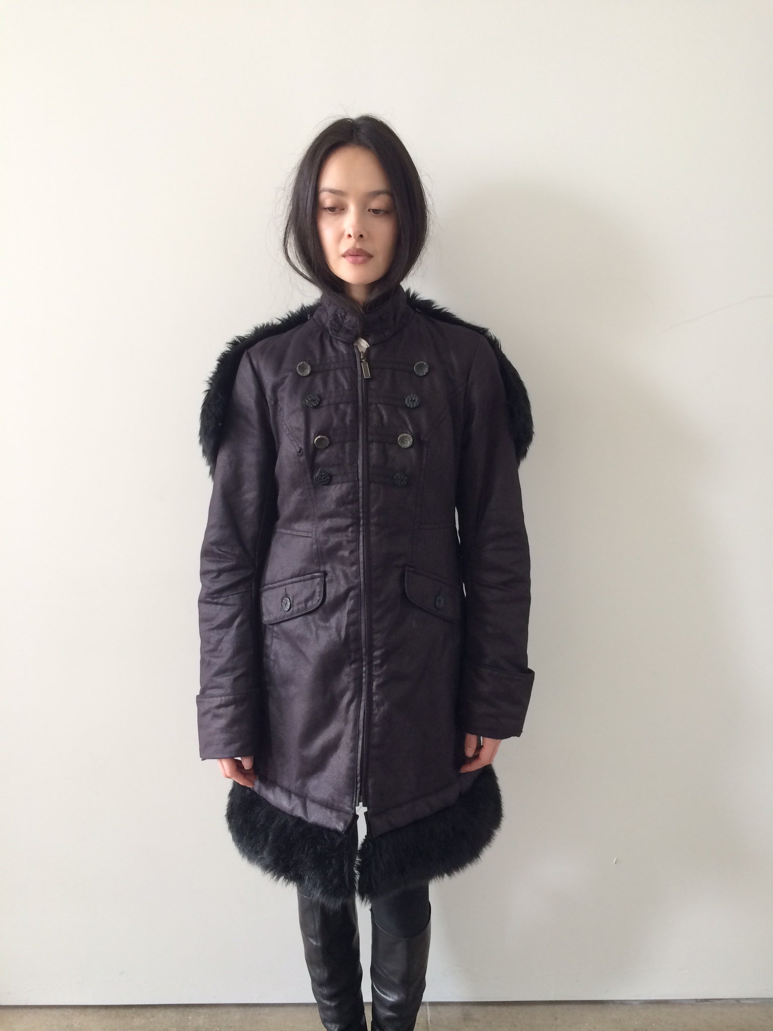 french brand napoleon midi coat with faux fur collar