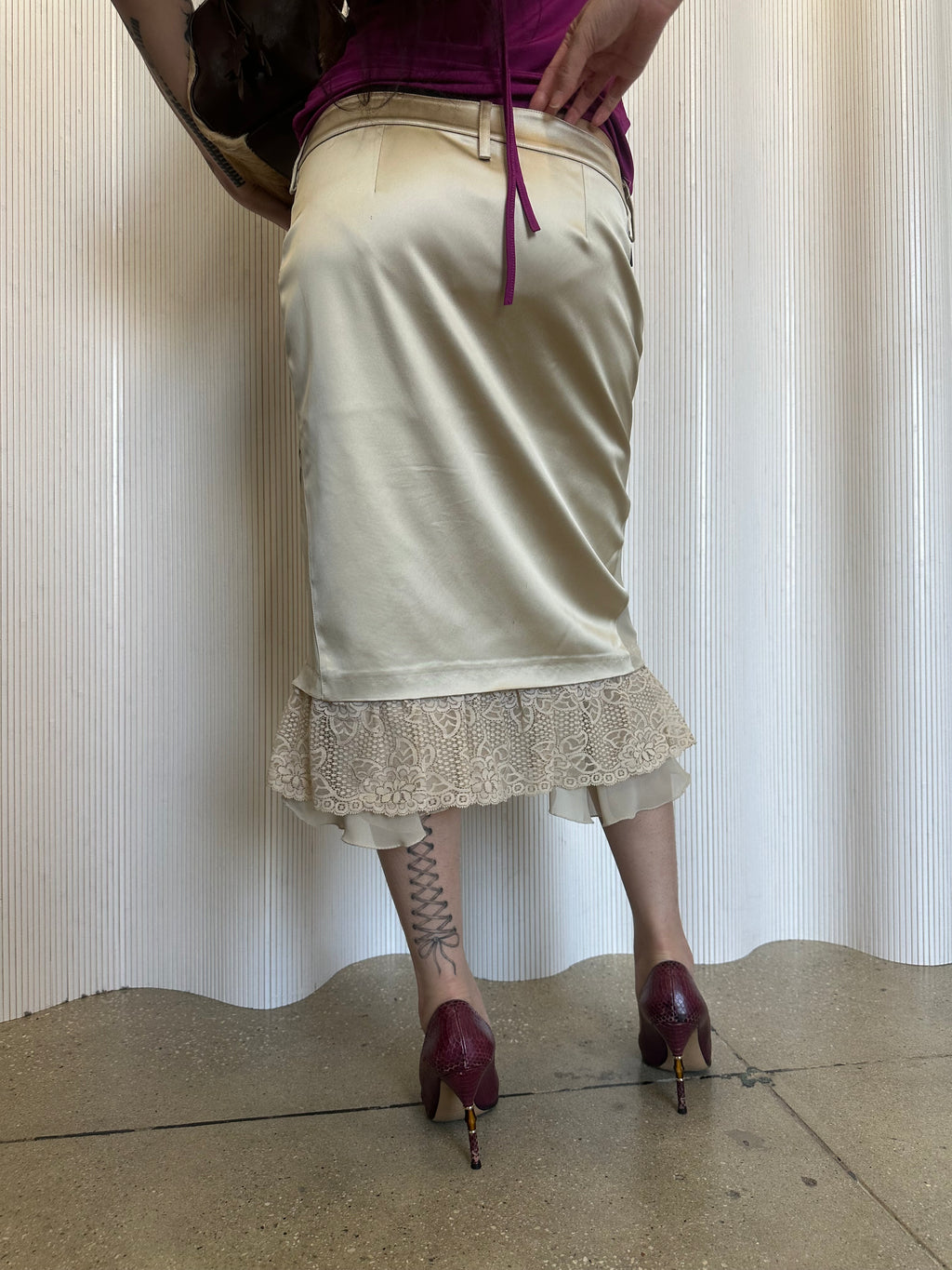 satin midi skirt with lace ruffle made in italy