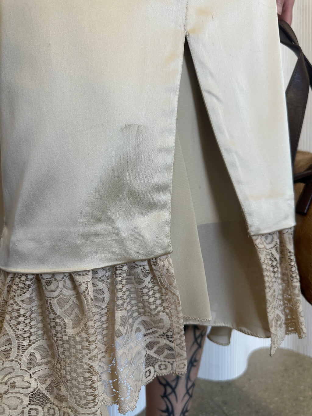 satin midi skirt with lace ruffle made in italy