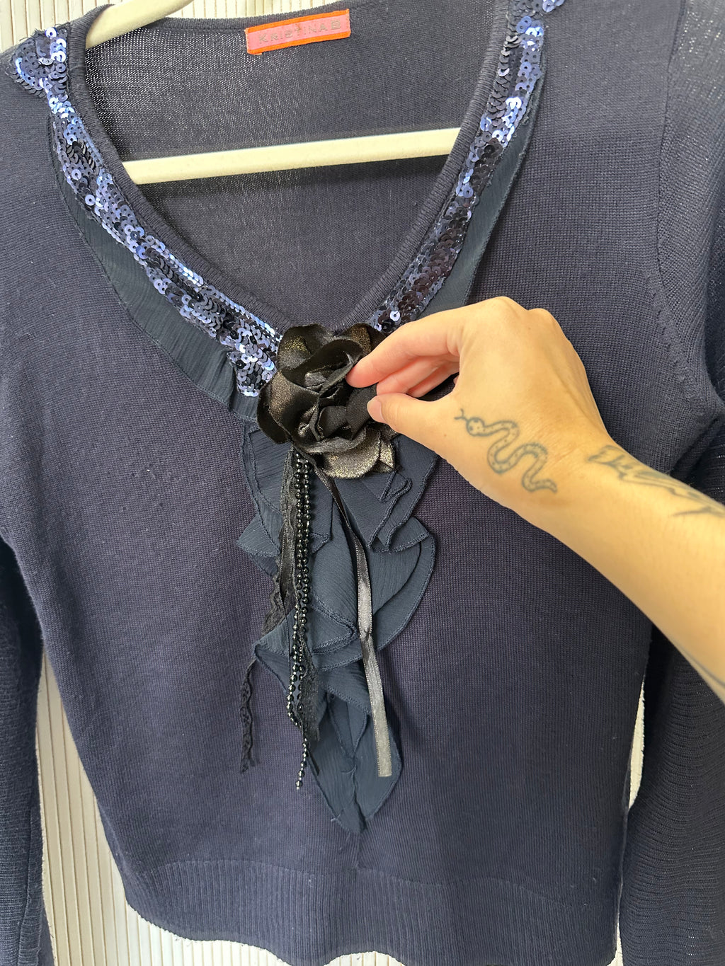 vintage french sweater with floral appliqué