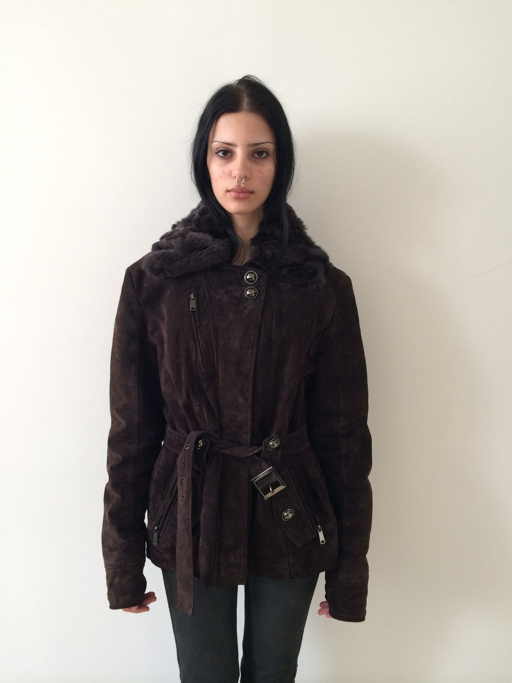 suede jacket with rabbit fur collar size m/l