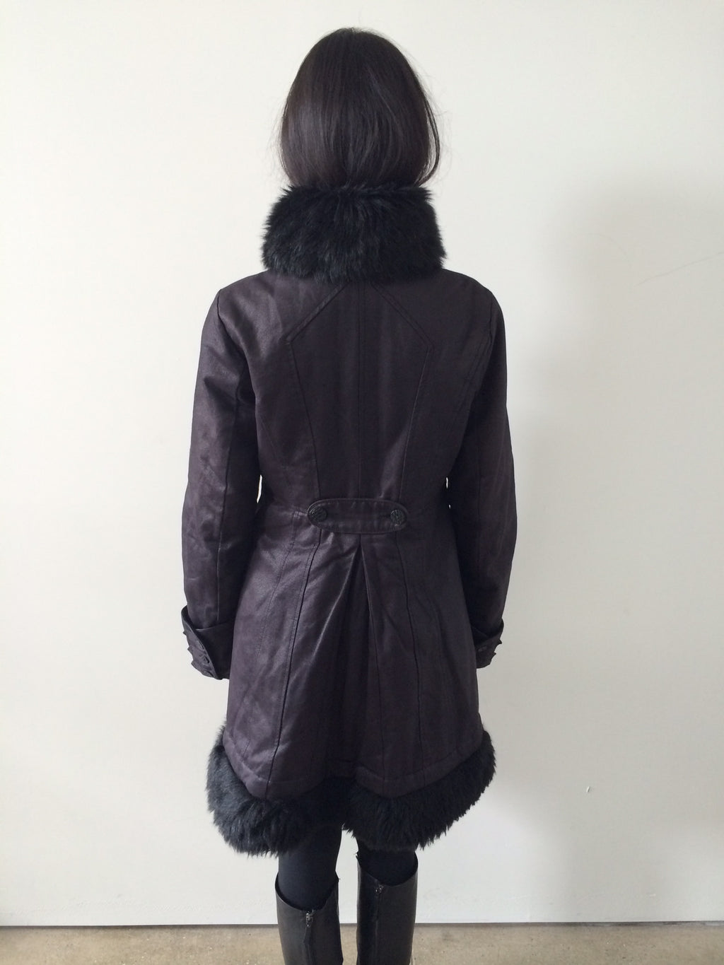 french brand napoleon midi coat with faux fur collar