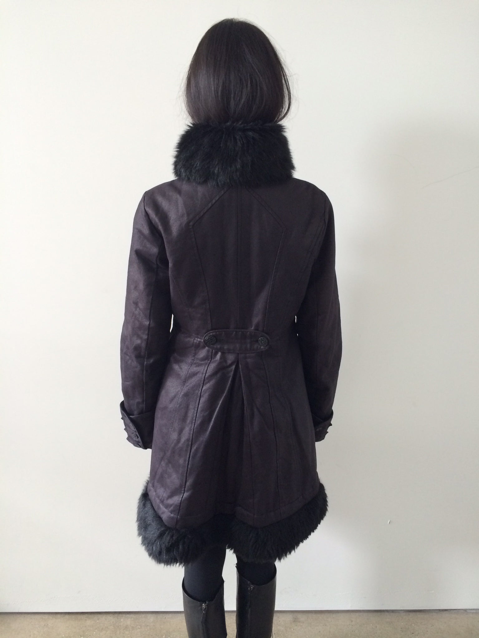 french brand napoleon midi coat with faux fur collar