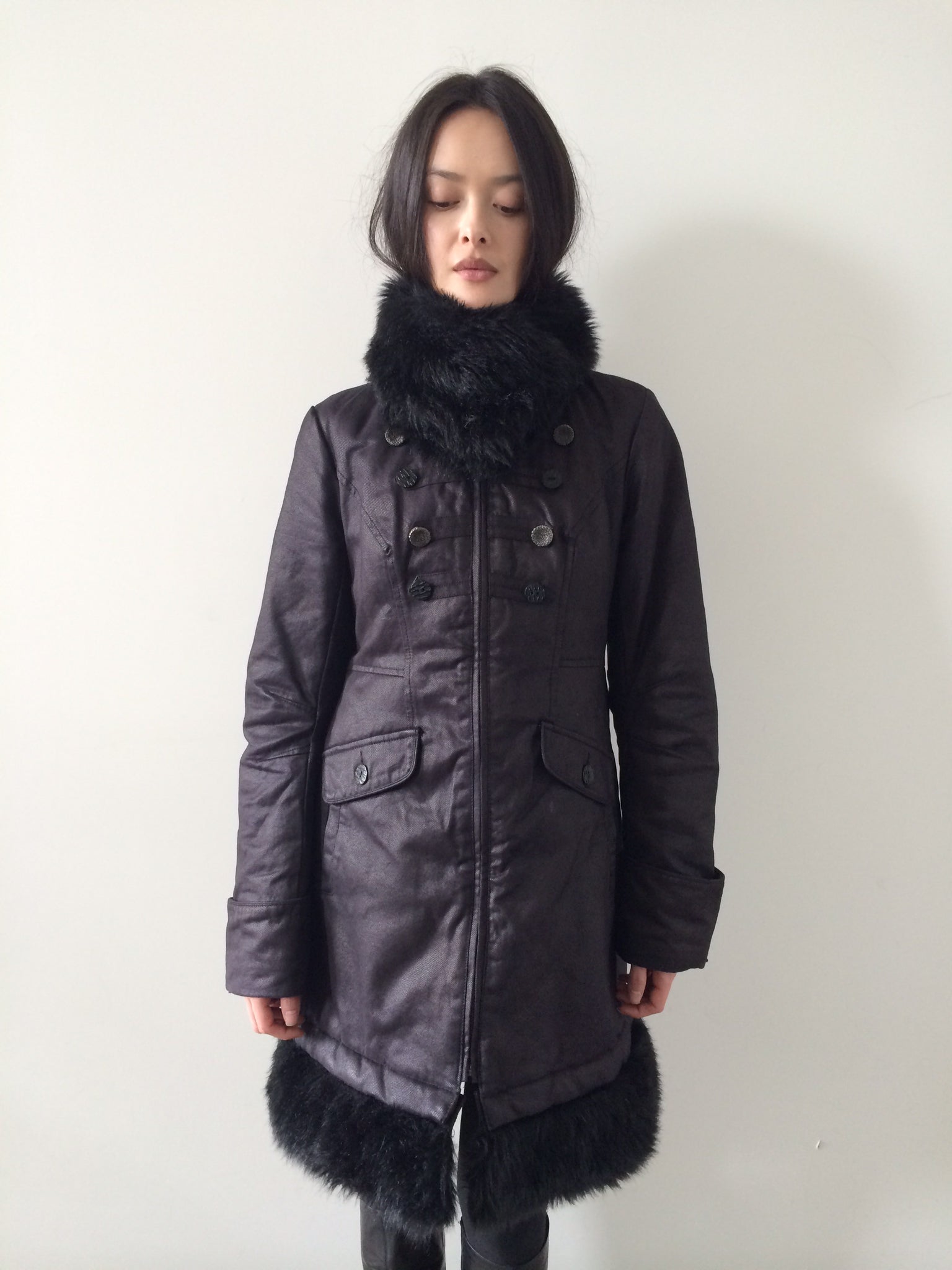 french brand napoleon midi coat with faux fur collar