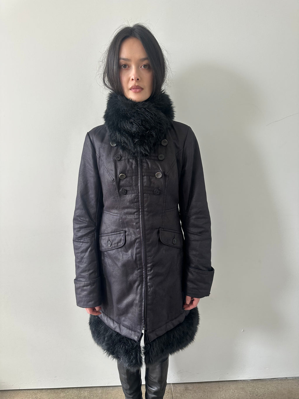 french brand napoleon midi coat with faux fur collar