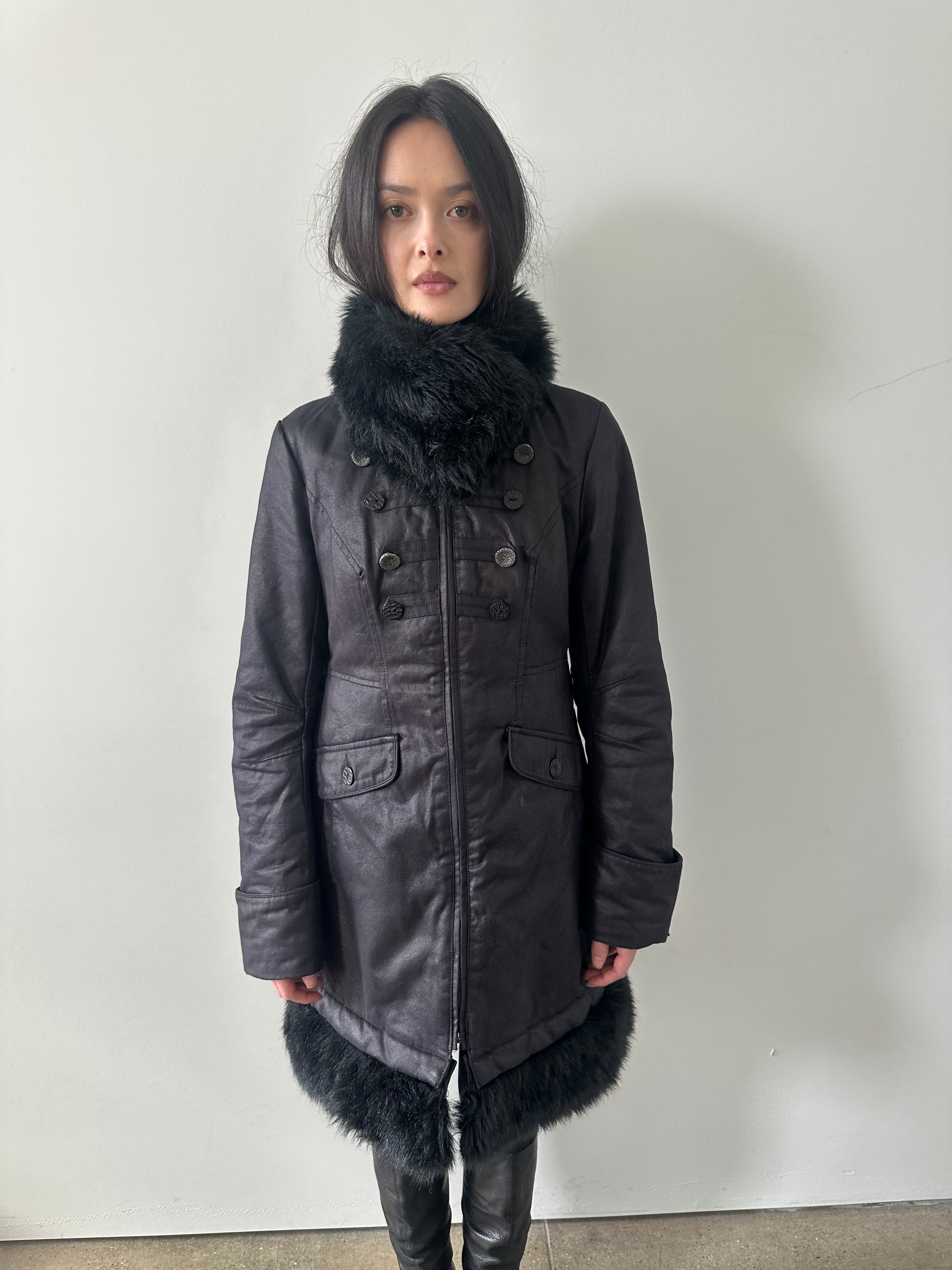 french brand napoleon midi coat with faux fur collar