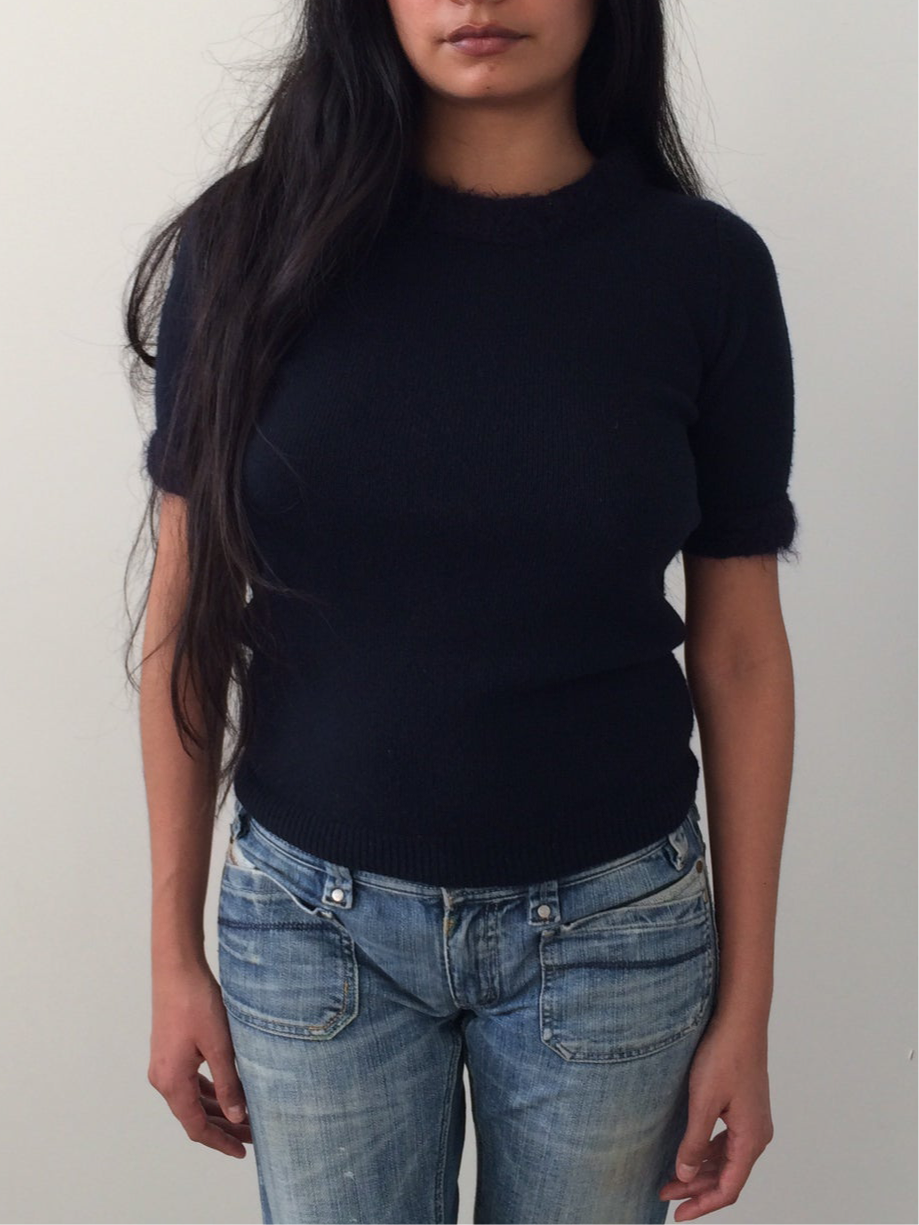 navy Prada top with mohair trimming