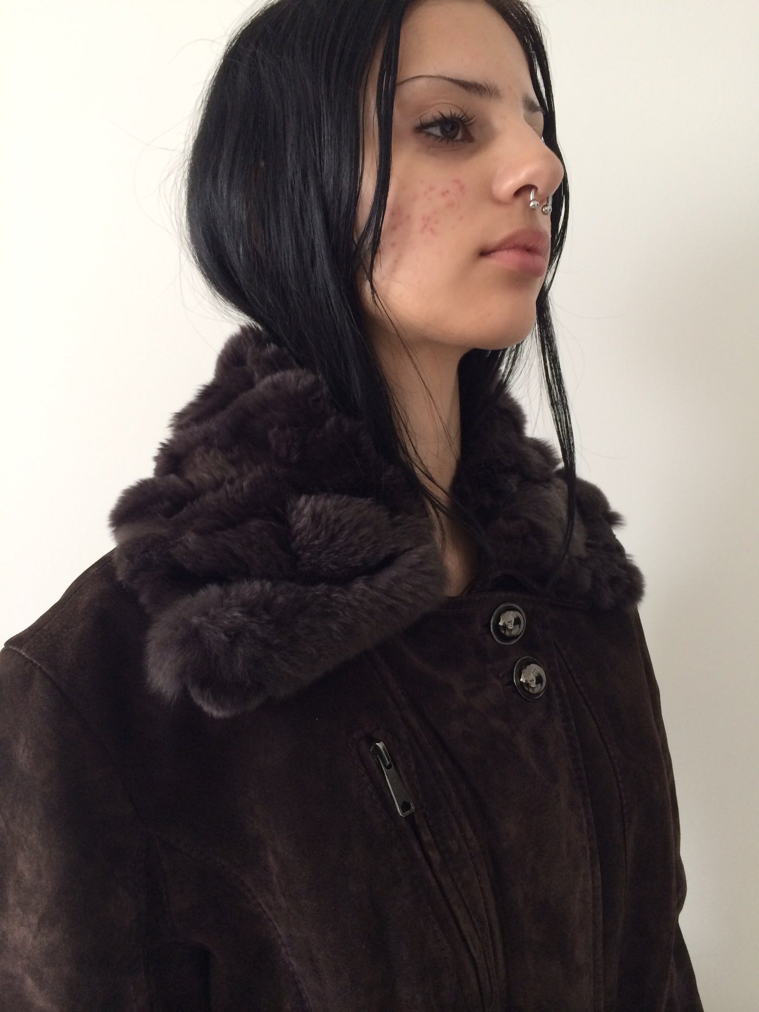suede jacket with rabbit fur collar size m/l