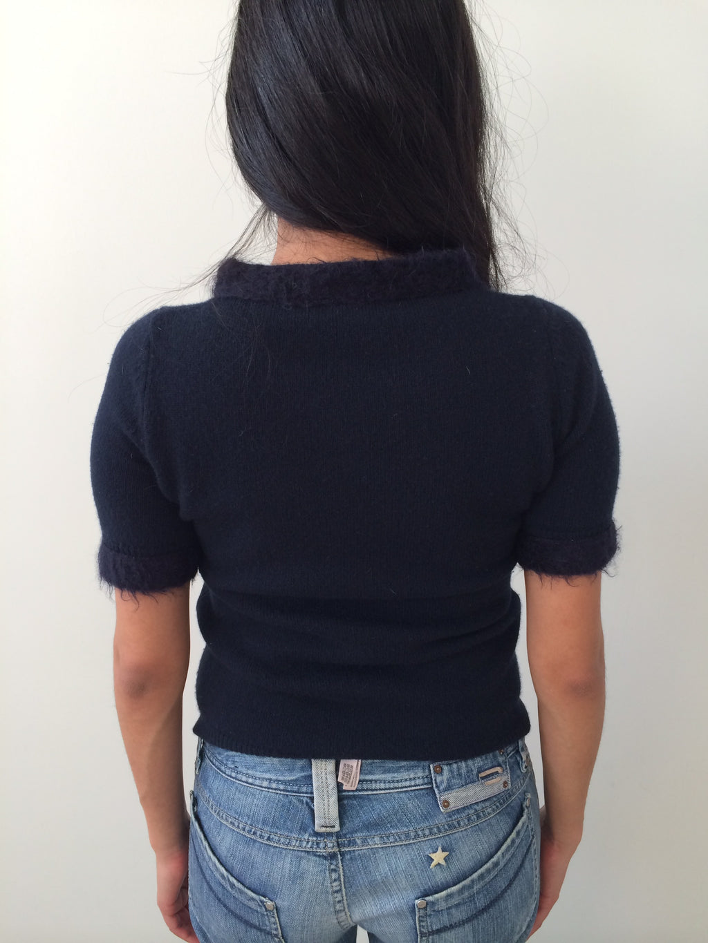 navy Prada top with mohair trimming