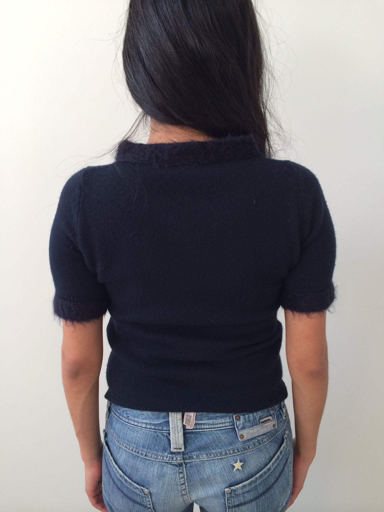 navy Prada top with mohair trimming